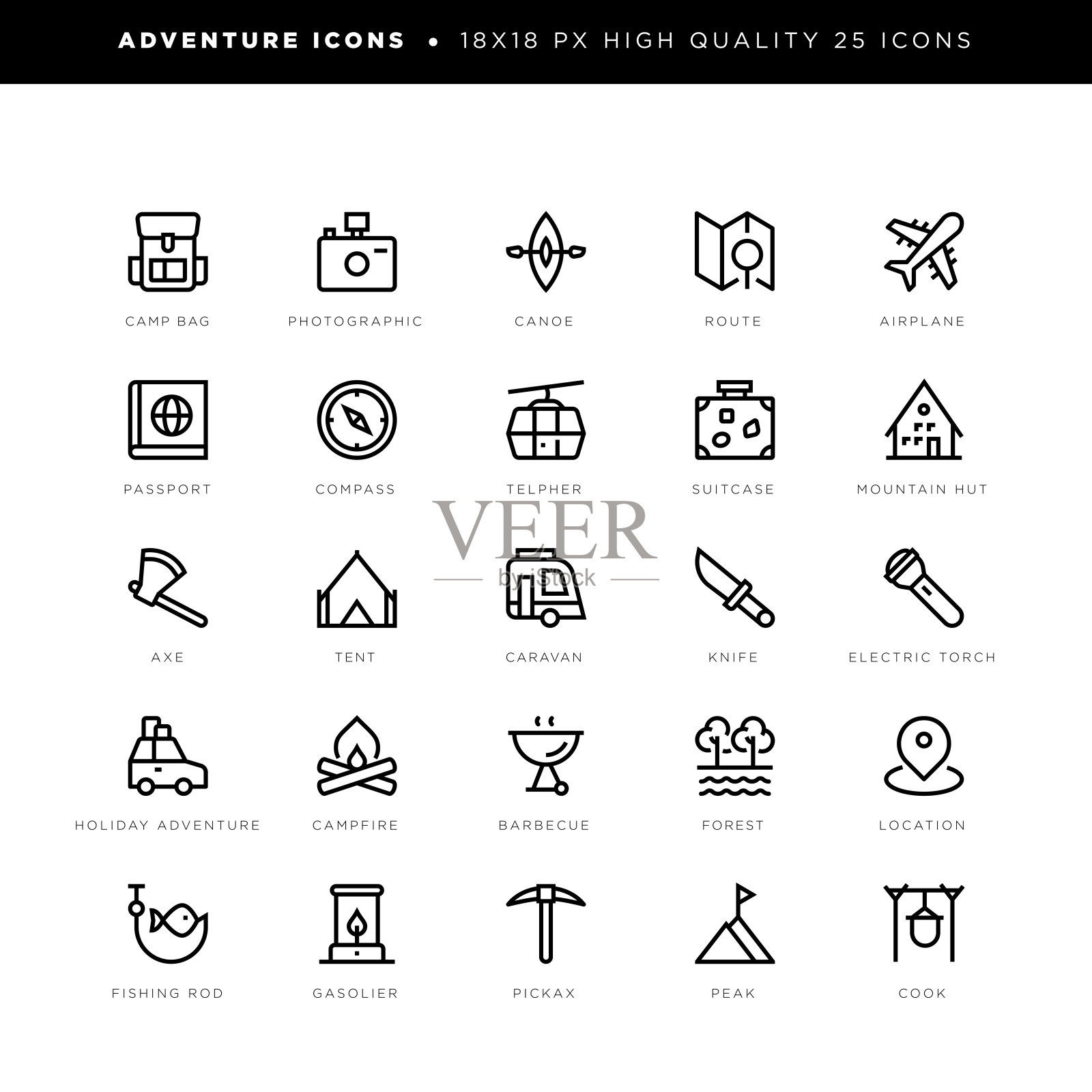 探险图标,露营,旅行,旅行,钓鱼等。图标素材