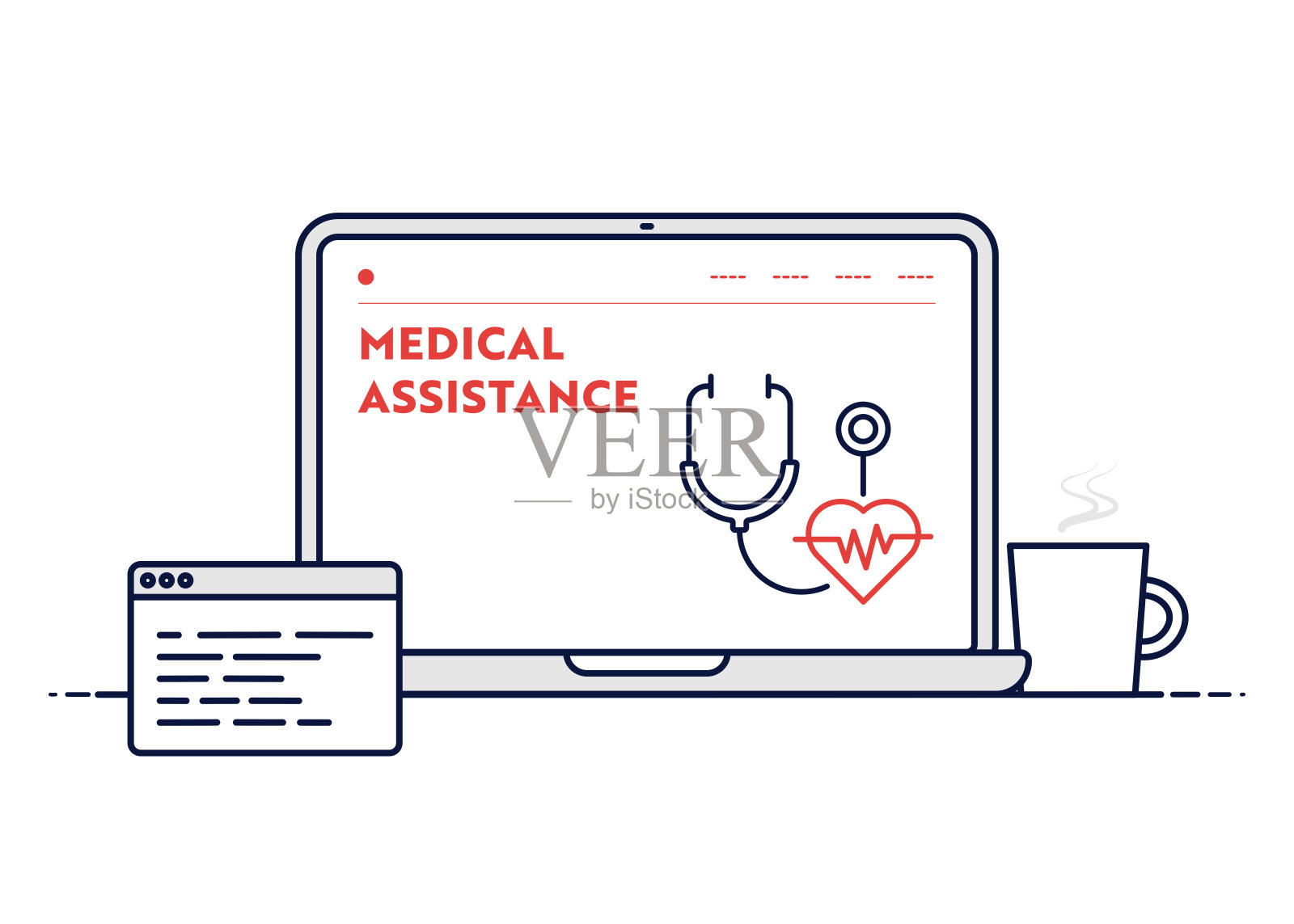 带可编辑笔画的线笔记本电脑插图的在线医疗援助概念。插画图片素材