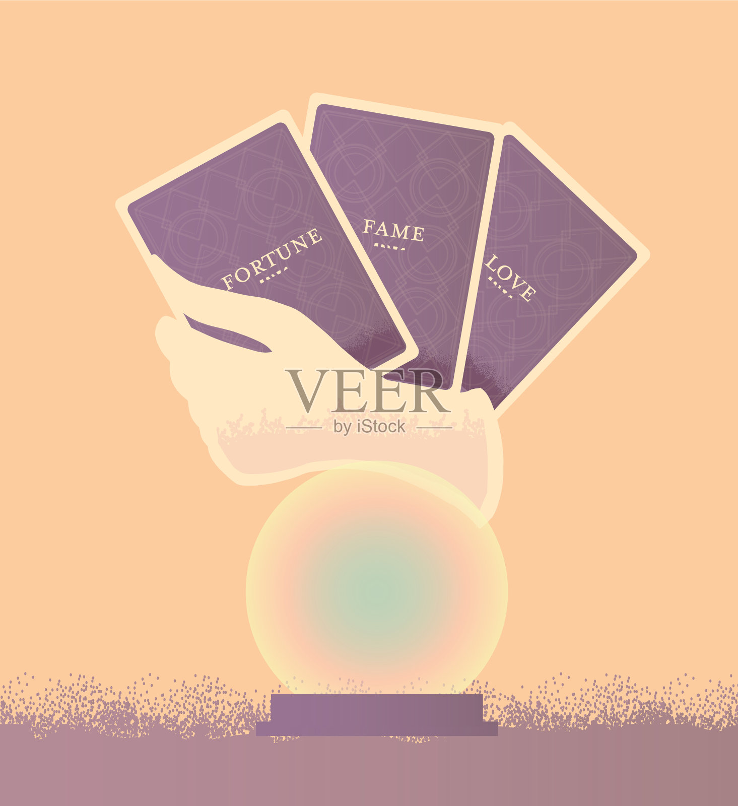 手握塔罗牌与水晶球插画图片素材