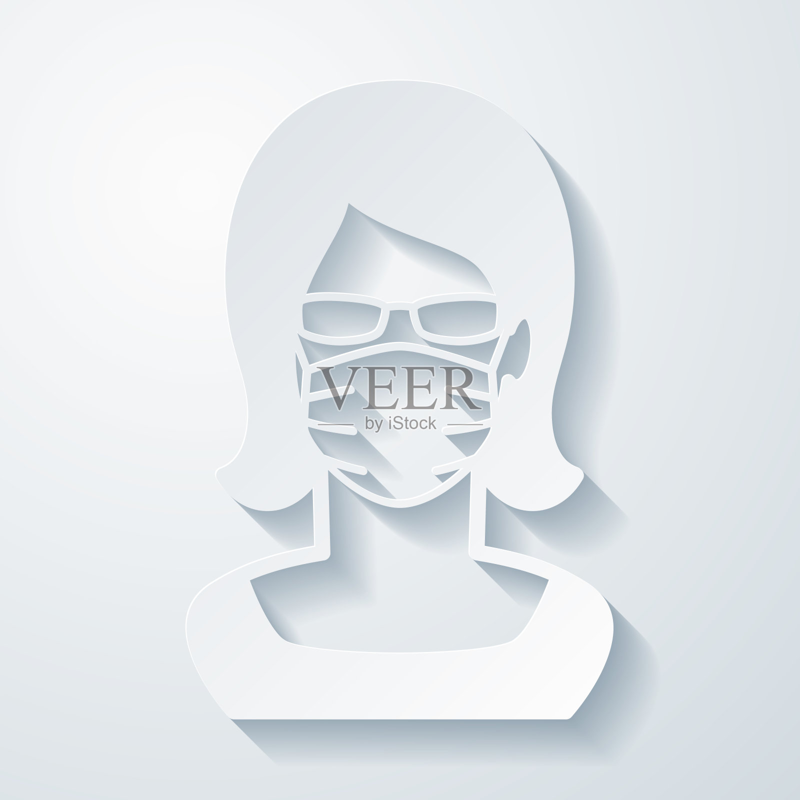 妇女在医疗脸保护口罩。在空白背景上具有剪纸效果的图标插画图片素材