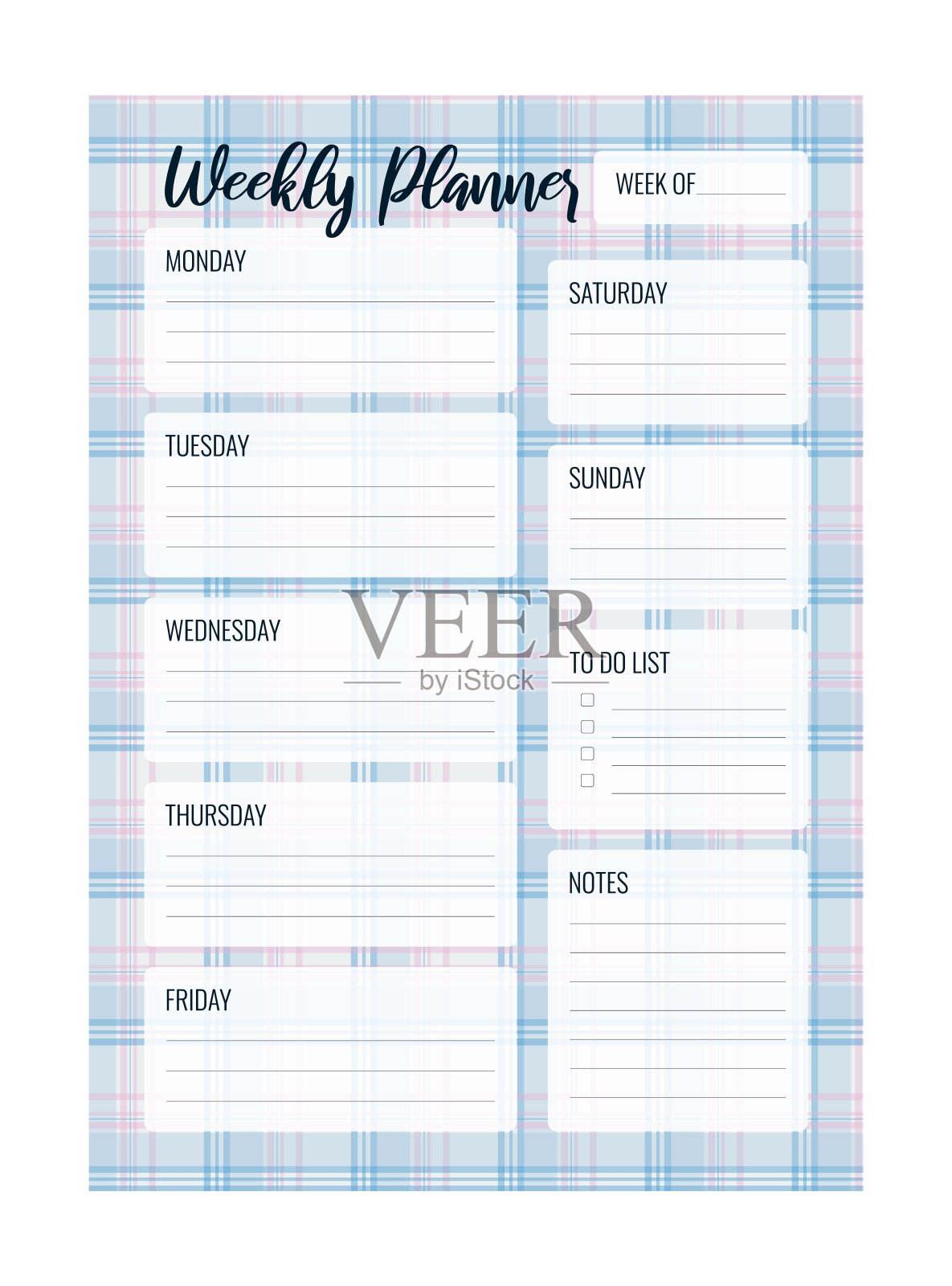 每周计划可打印矢量模板。空白的组织者页A4, A5。一周的业务日程安排页面进行有效规划。个人笔记本电脑。纸张。白色背景。插画图片素材