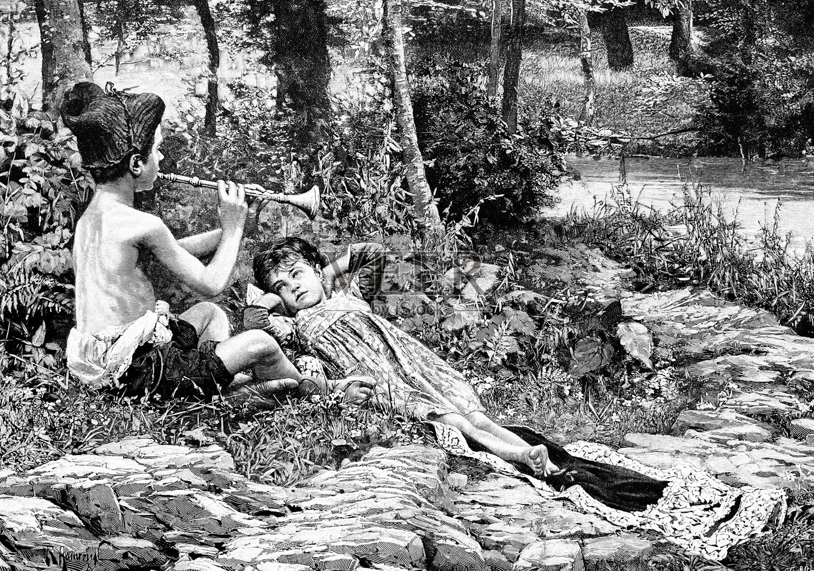 田园诗,男孩吹着笛子,女孩在草地上聆听插画图片素材