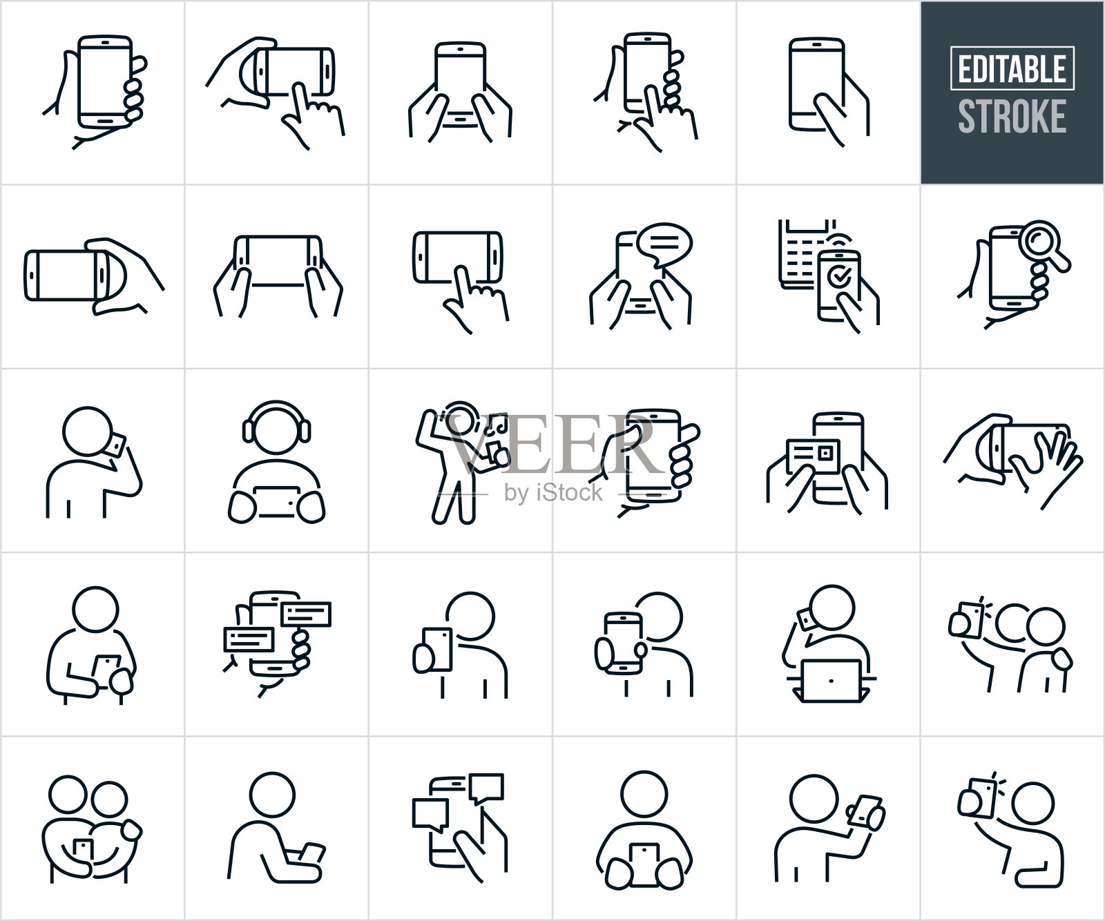 智能手机,移动电话和手机细线图标-可编辑的笔画-图标包括人们打电话,发短信,触摸屏,观看视频,使用互联网插画图片素材