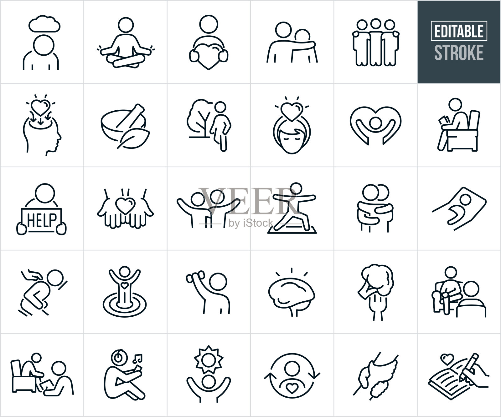 心理健康、自我保健图标(可编辑描边)插画图片素材