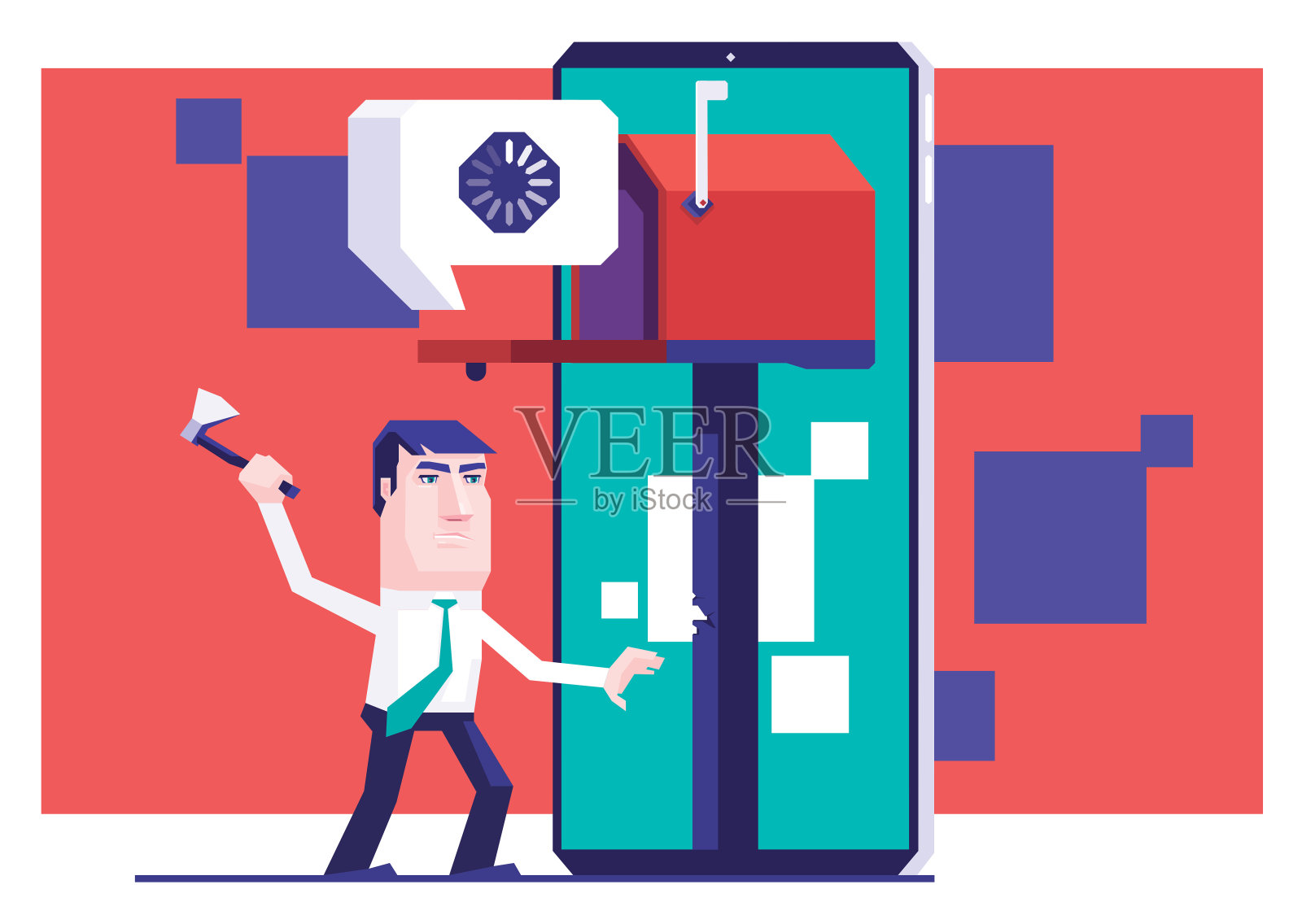 愤怒的商人在智能手机上砍邮箱插画图片素材