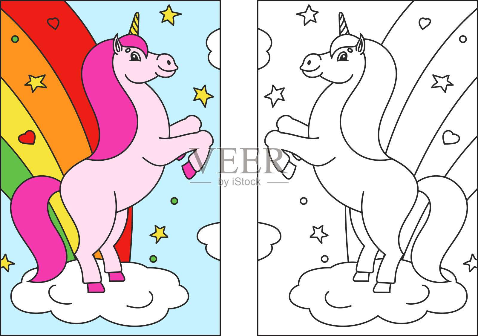 儿童涂色书。神奇的独角兽直立起来。动物马用后腿站立。卡通风格。简单的平面矢量插图。插画图片素材