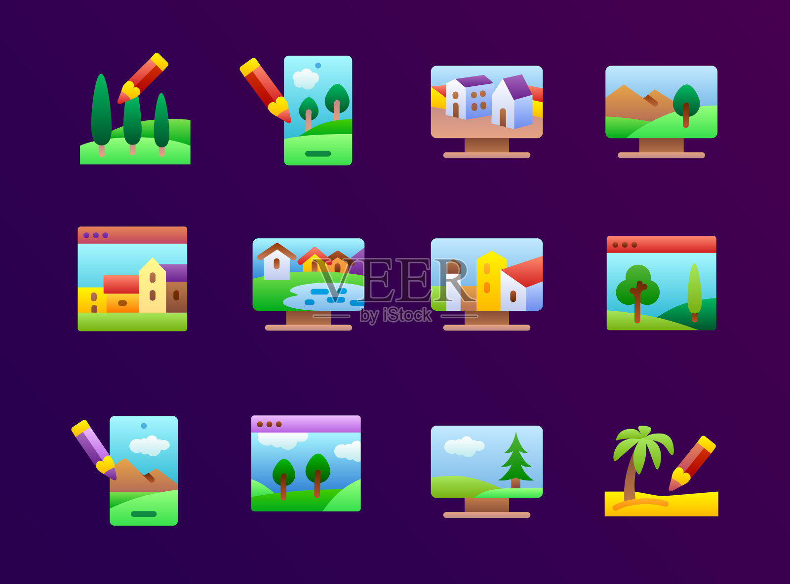 在3D平面渐变图标集中创建环境和位置插画图片素材