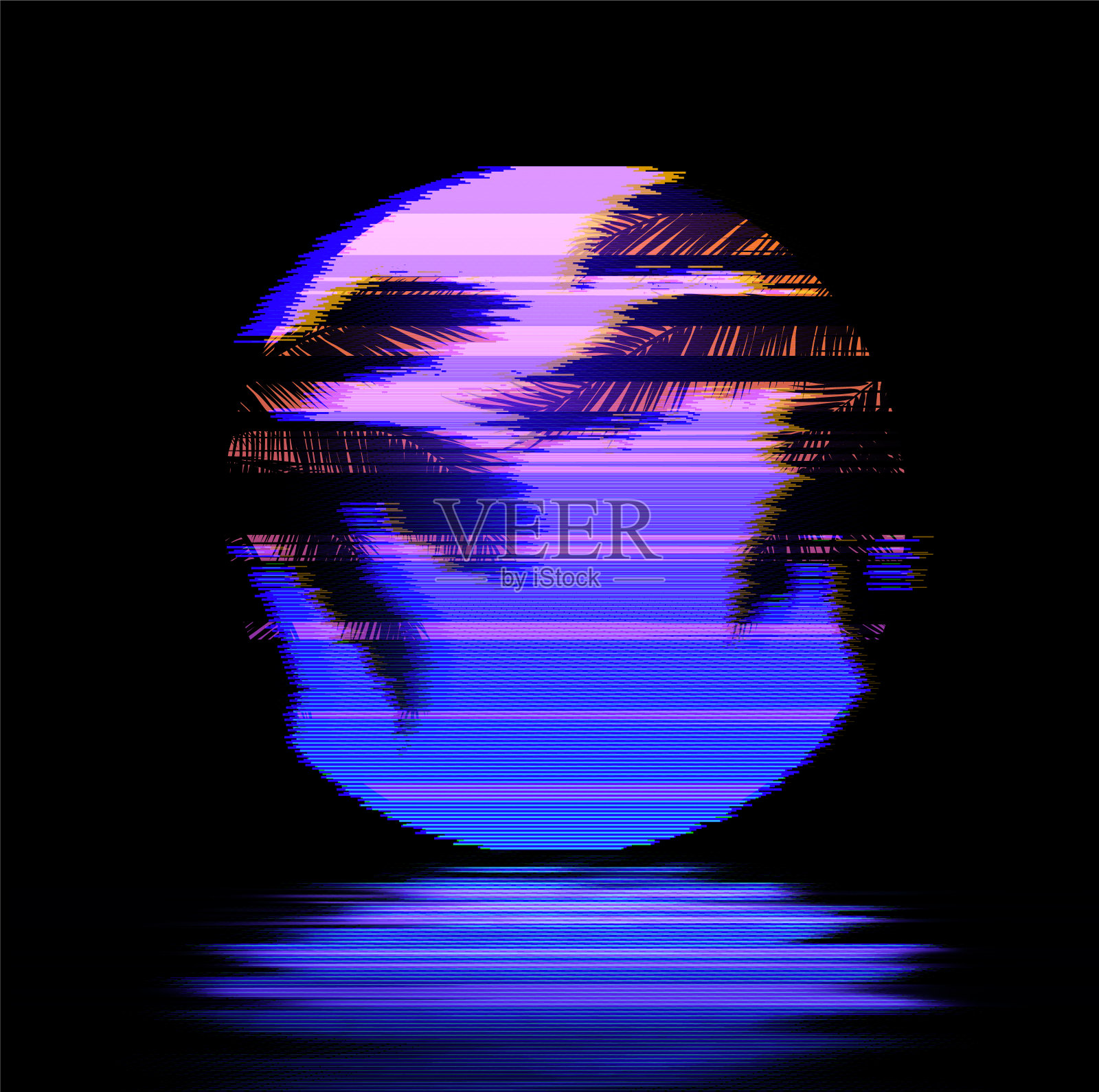 有棕榈树的日落,蓝色粉红色的太阳或水面上的月亮。Synthwave复古艺术插画图片素材