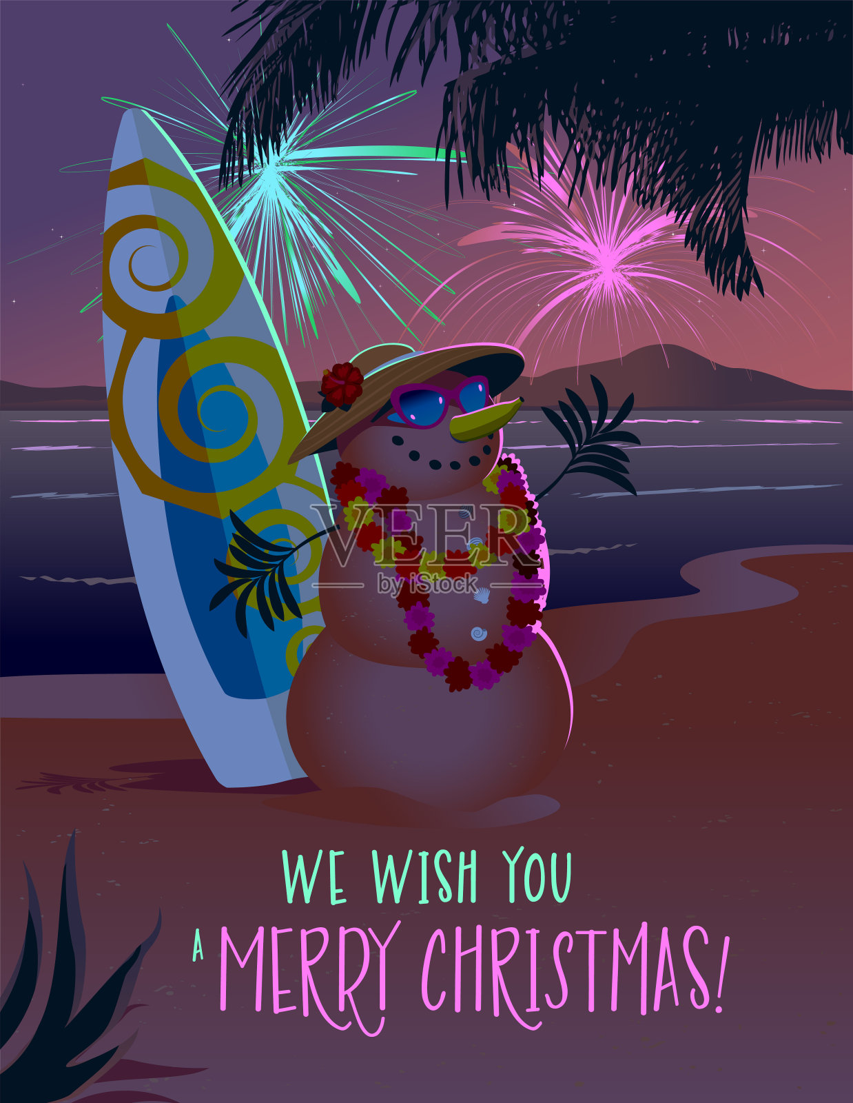 天空中的霓虹烟火和雪人插画图片素材