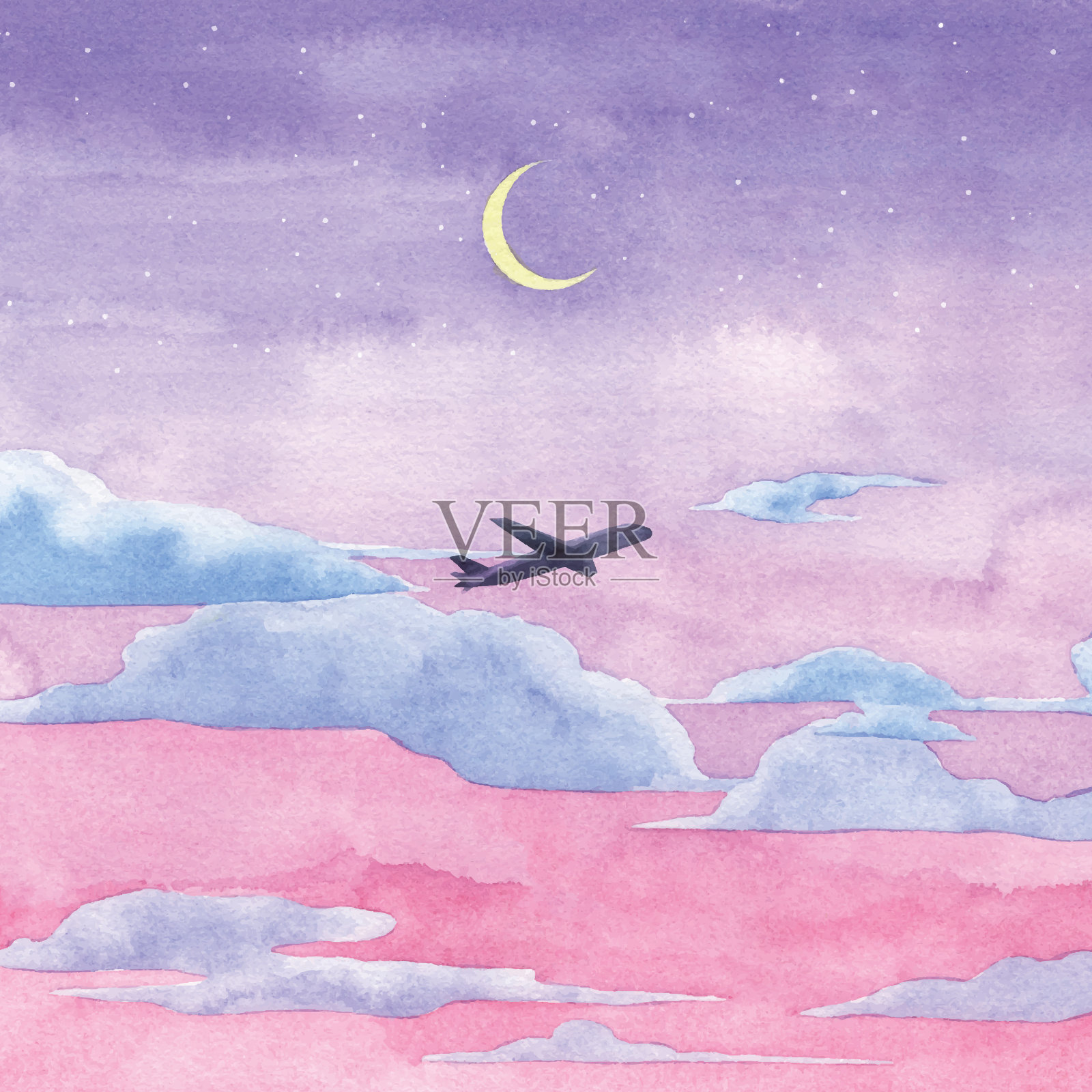 水彩飞机和夜空背景插画图片素材