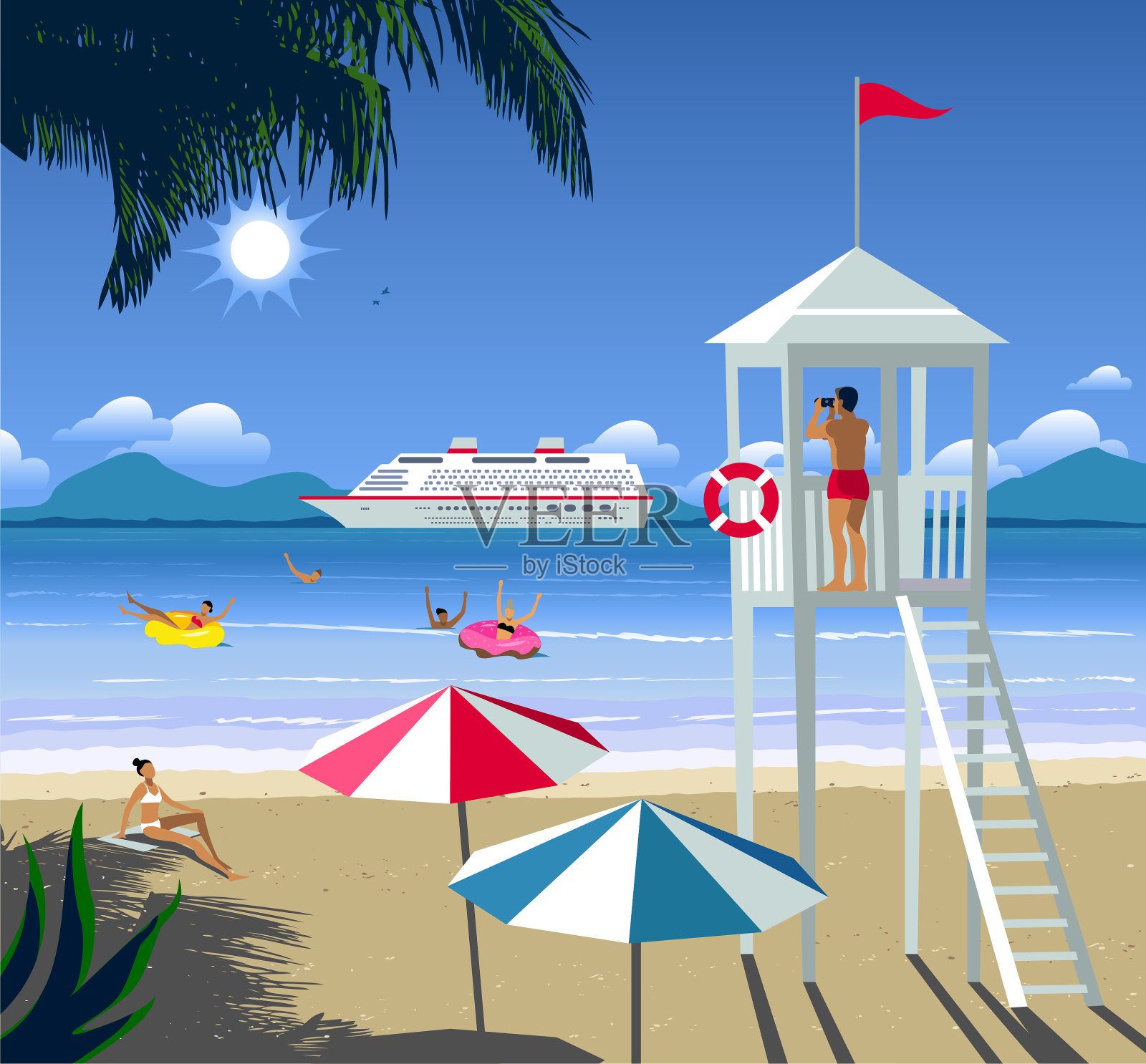 海滩景观与豪华邮轮插画图片素材