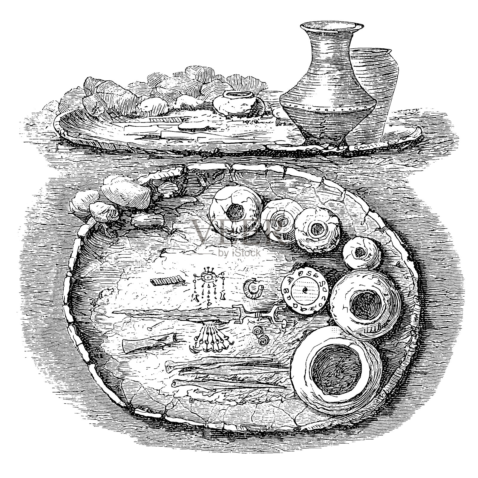 哈尔斯塔特坟墓,史前墓地坐落在哈尔斯塔特高地平原上,是科学研究的对象,还有4000多个坟墓有待挖掘插画图片素材