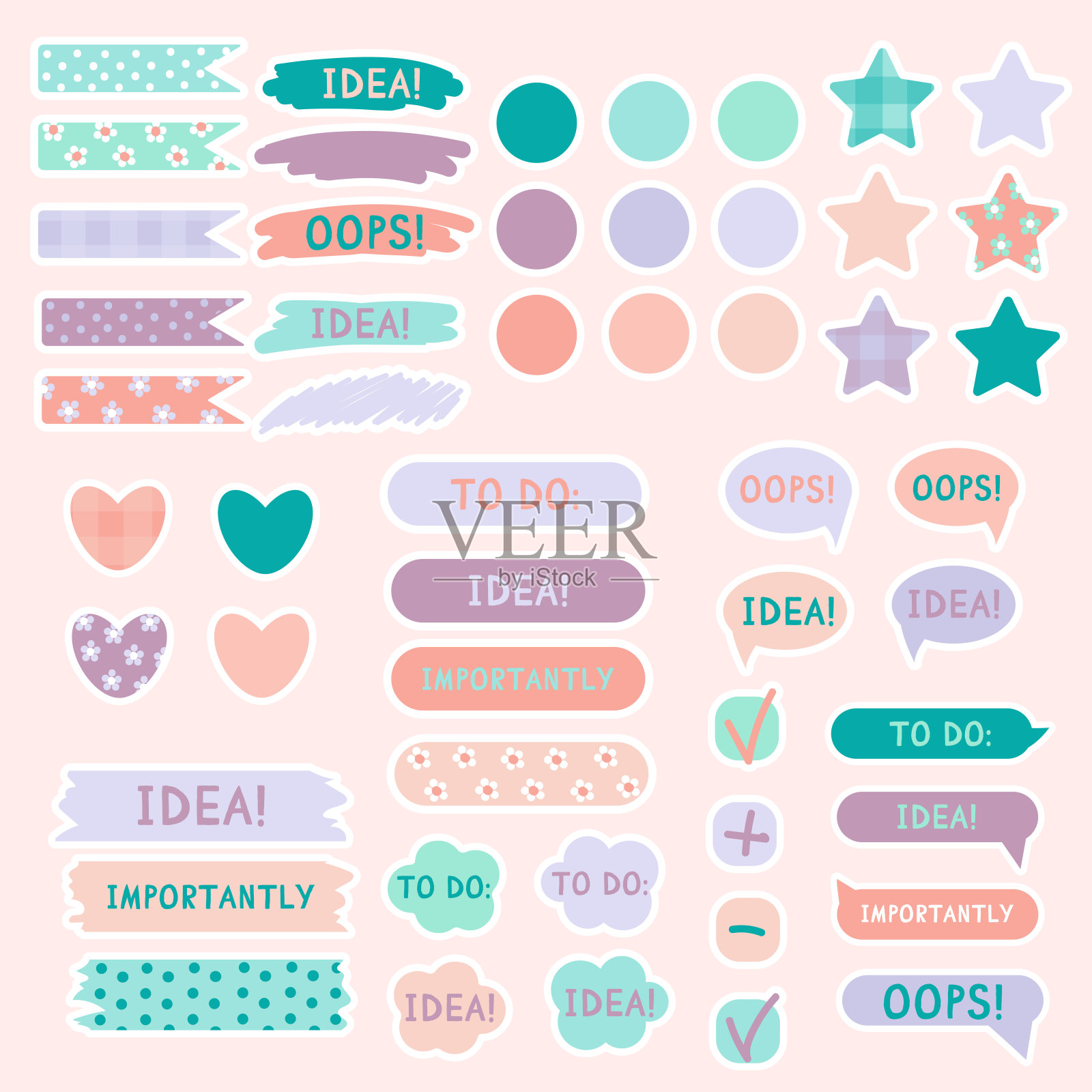 可爱的纸笔记在柔和的颜色。贴纸。简单的页面。固定设置。笔记和明信片的笔记。可打印的计划表贴纸。待办事项清单上的备注。规划的装饰元素。矢量插图。插画图片素材