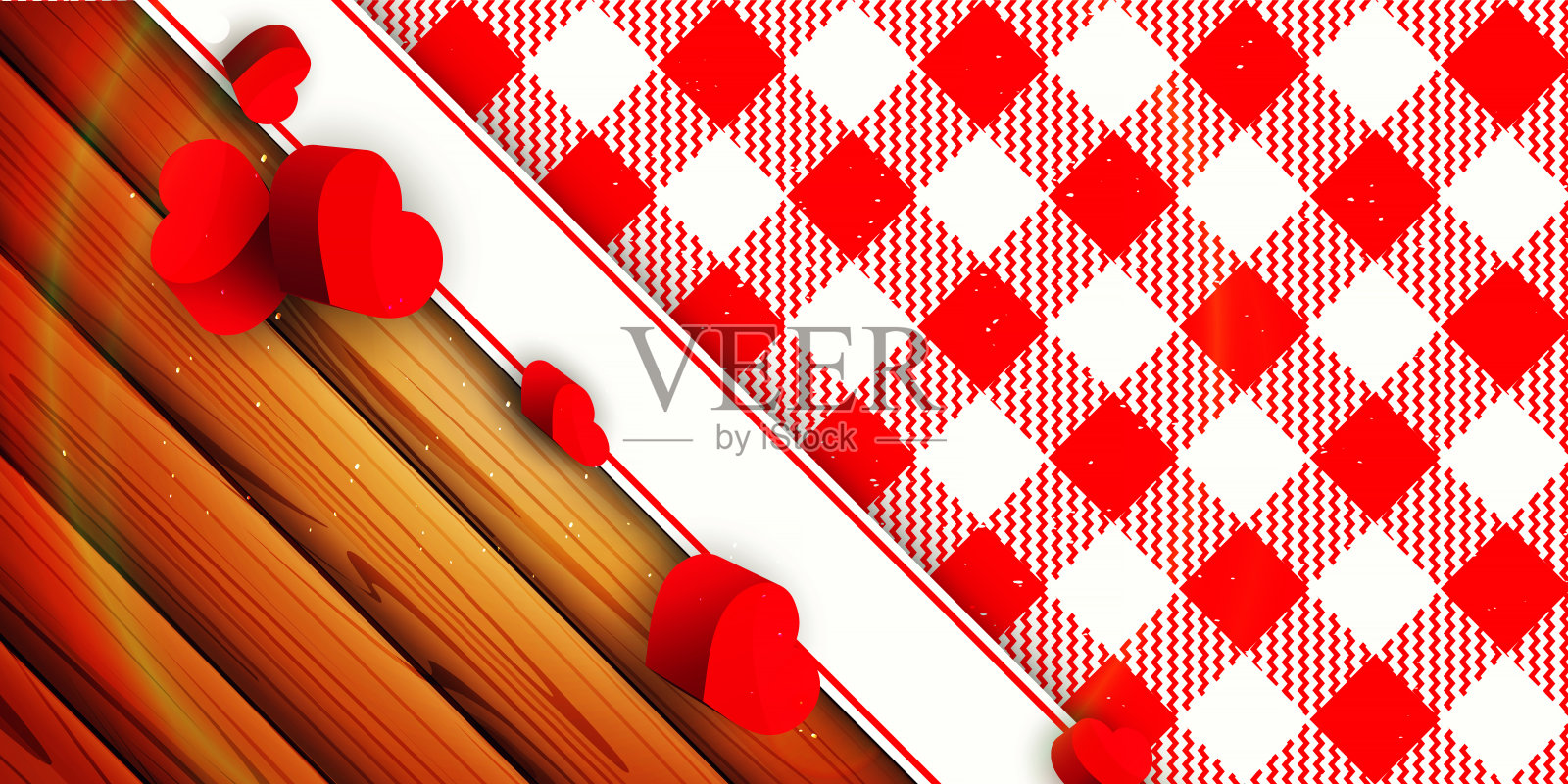 卡通风格的野餐月节日贺卡。红白方格野餐毯和木制铅笔的背景上的体积心形。插画图片素材