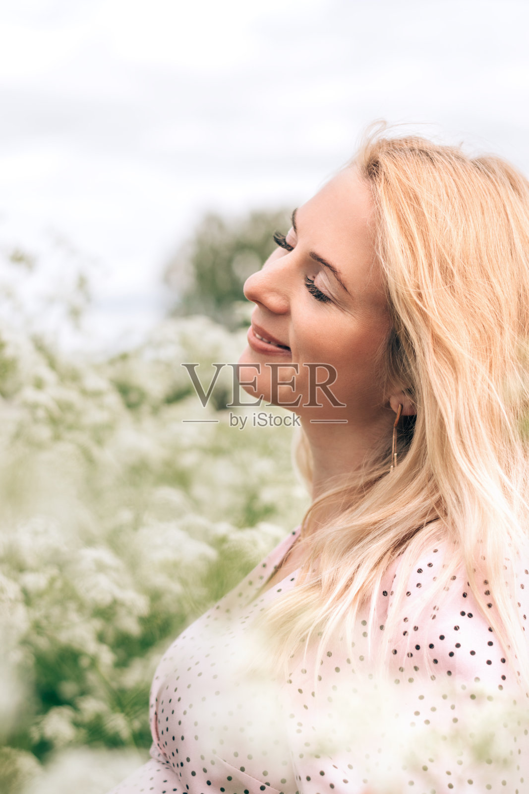 一个快乐的年轻金发孕妇穿着粉红色的裙子在一个夏天的草地上。夏季、孕期及产前护理理念照片摄影图片