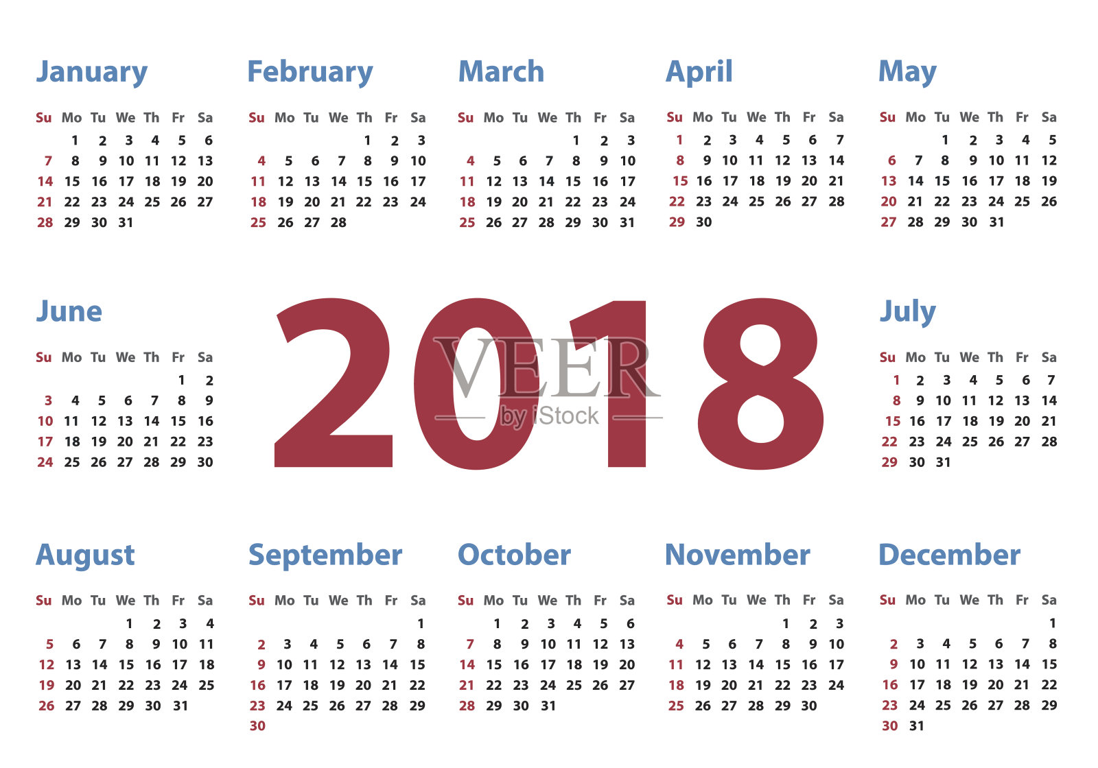 2018年日历周日开始,矢量日历设计2018年设计模板素材
