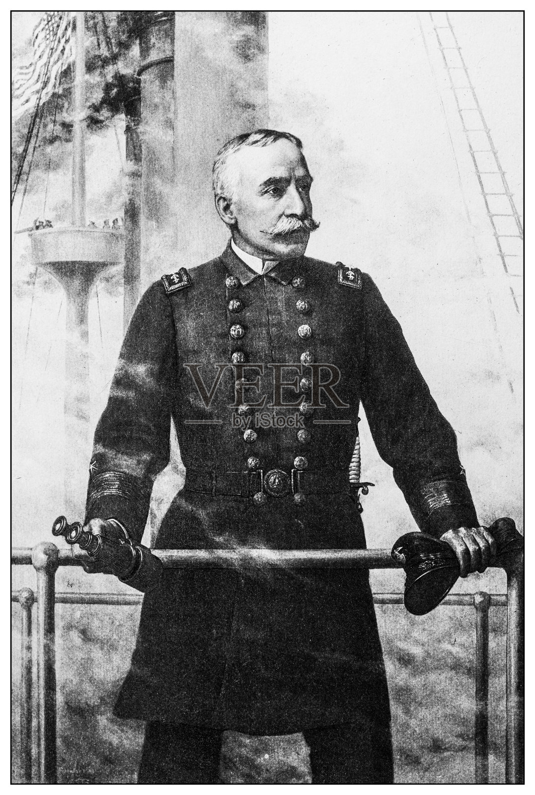 过去的重要人物的古董插图:乔治杜威在马尼拉湾插画图片素材