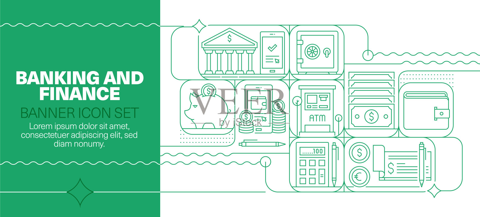 银行和金融线图标设置和横幅设计插画图片素材