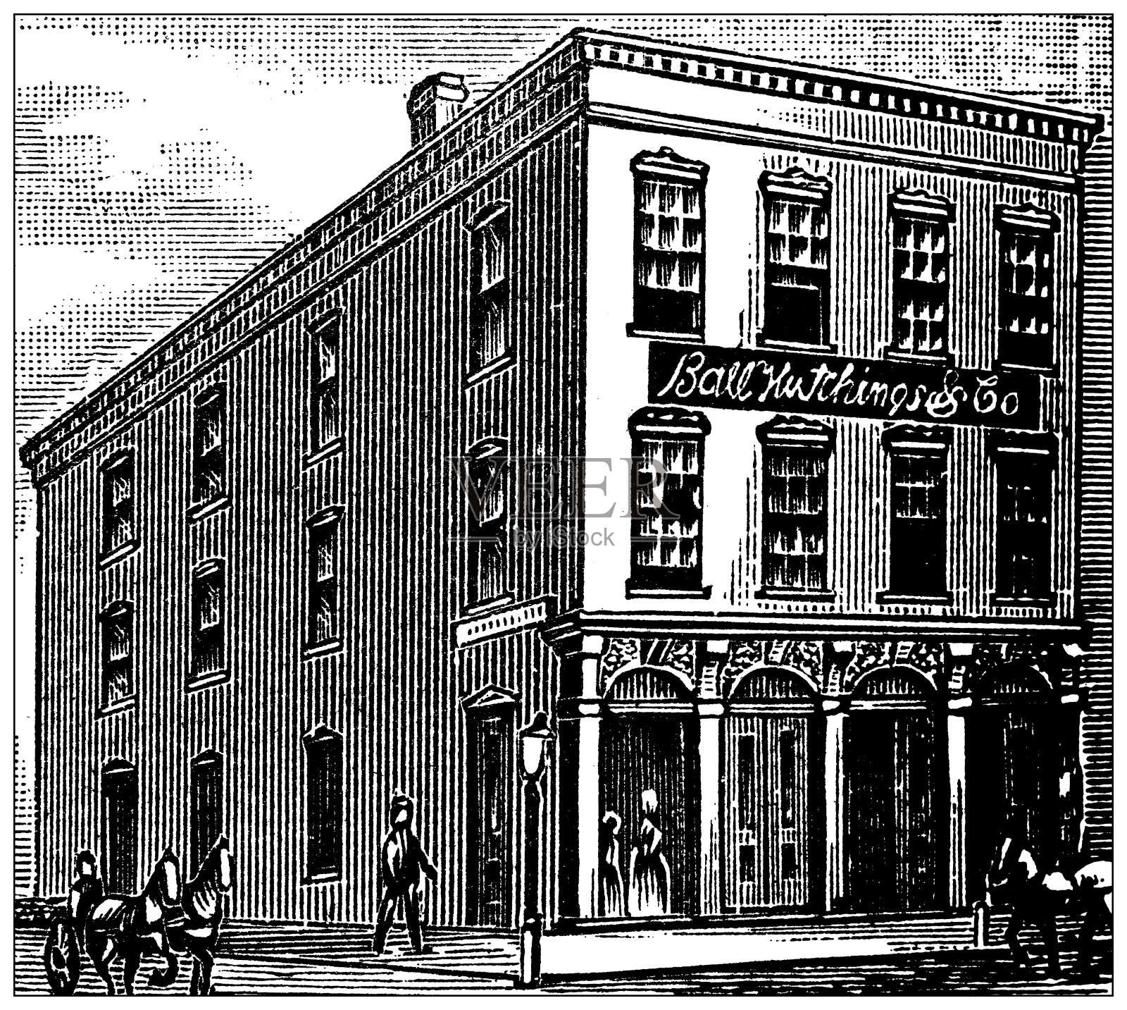 美国古董插图,德克萨斯地标和公司:加尔维斯顿,球和记和公司。插画图片素材