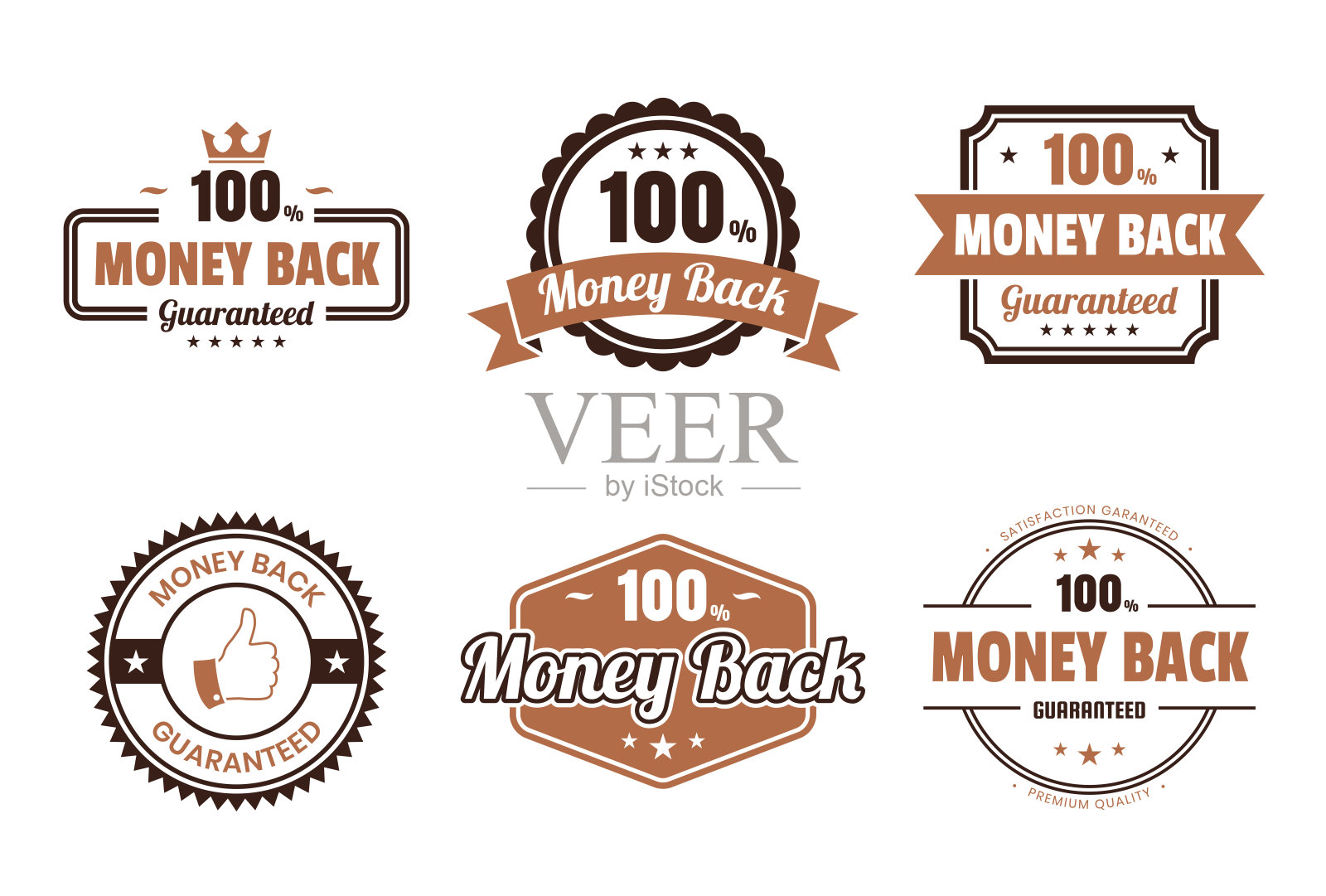 一套“钱回来”棕色徽章和标签-设计元素插画图片素材