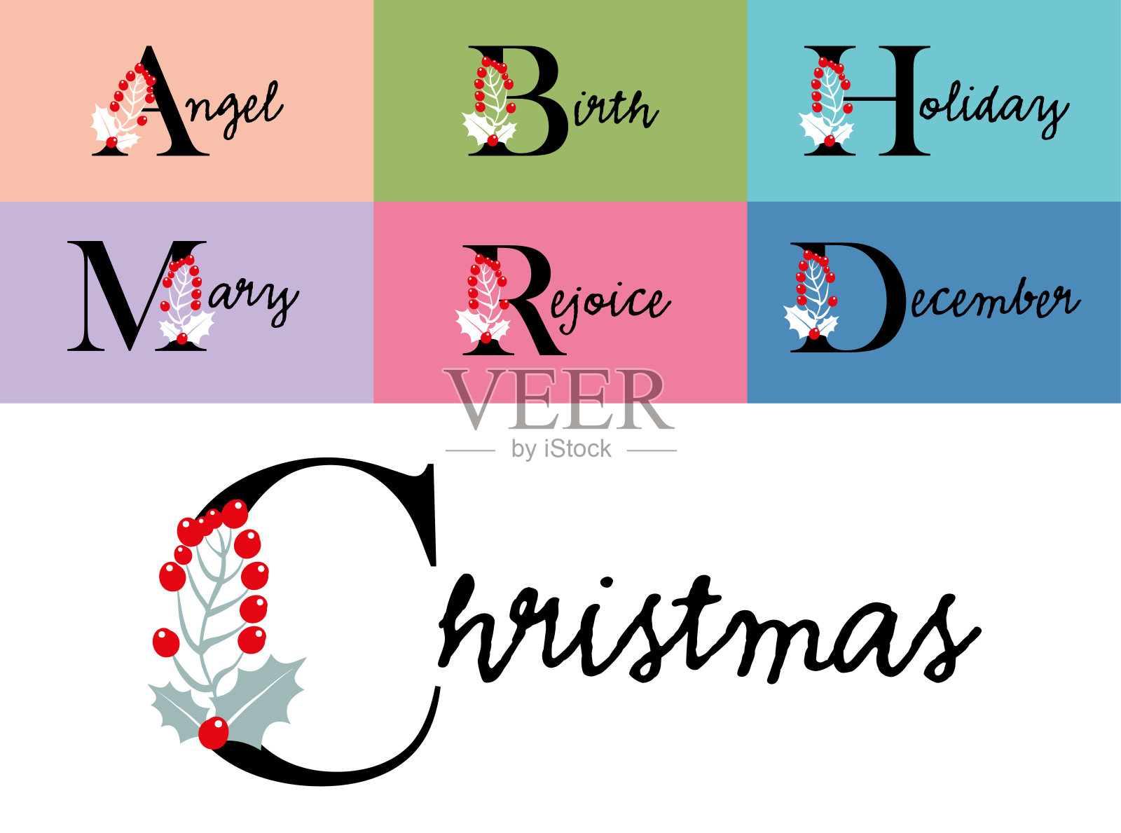 收集极简的首字母与圣诞节日的元素插画图片素材