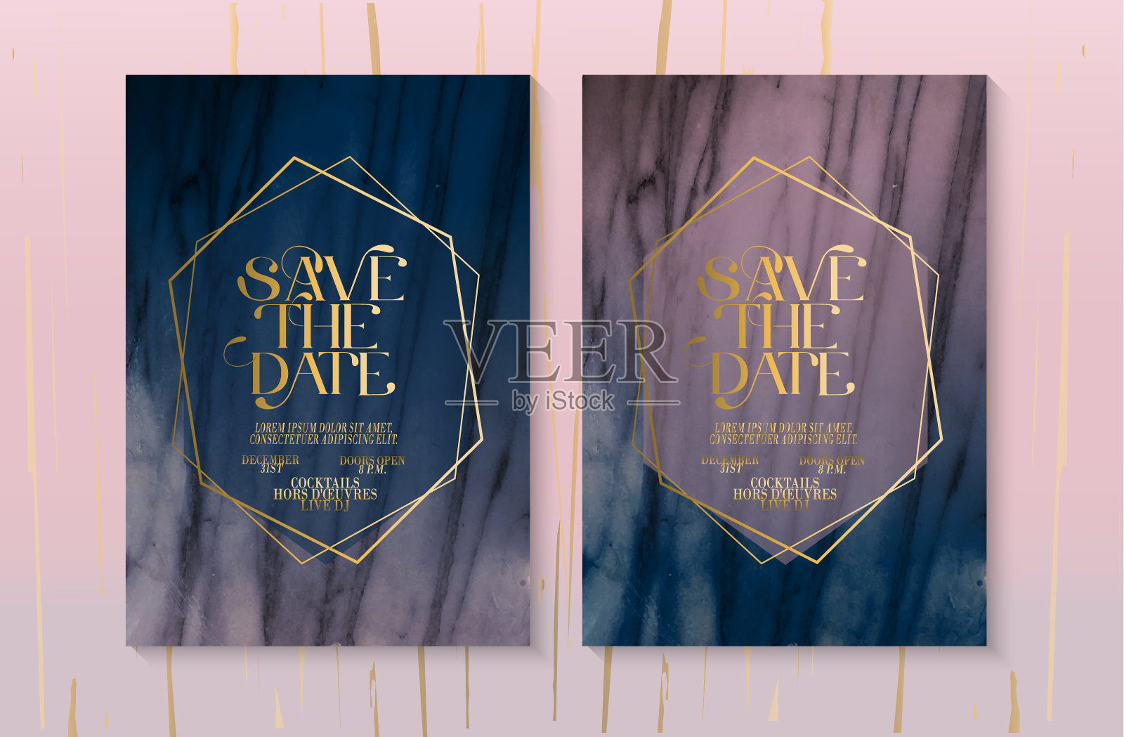 婚礼邀请设计模板集与保存日期排版设计大理石纹理与黄金线艺术插画图片素材