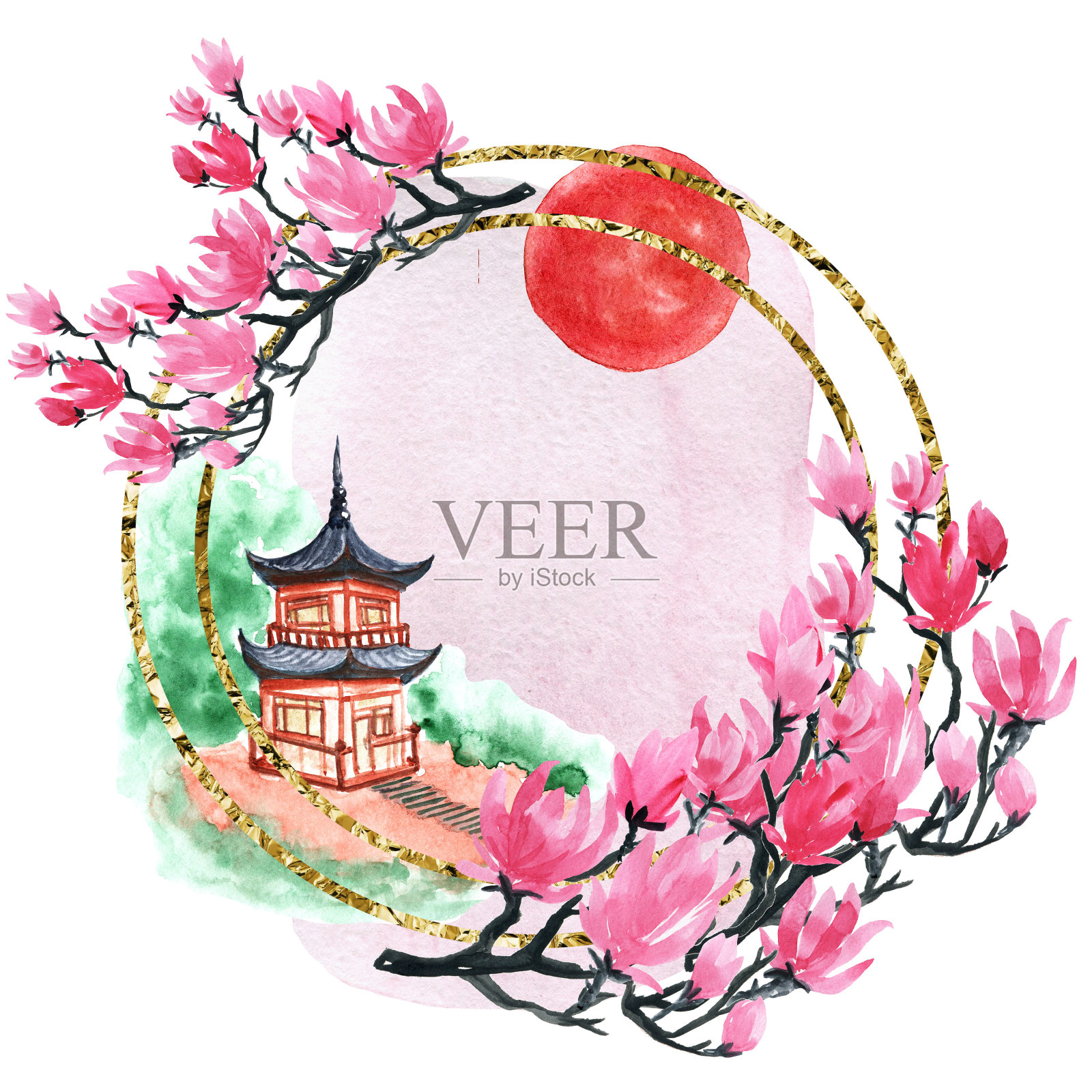 水彩插图。日本樱花园,花园中的凉亭。中国式的景观。插画图片素材