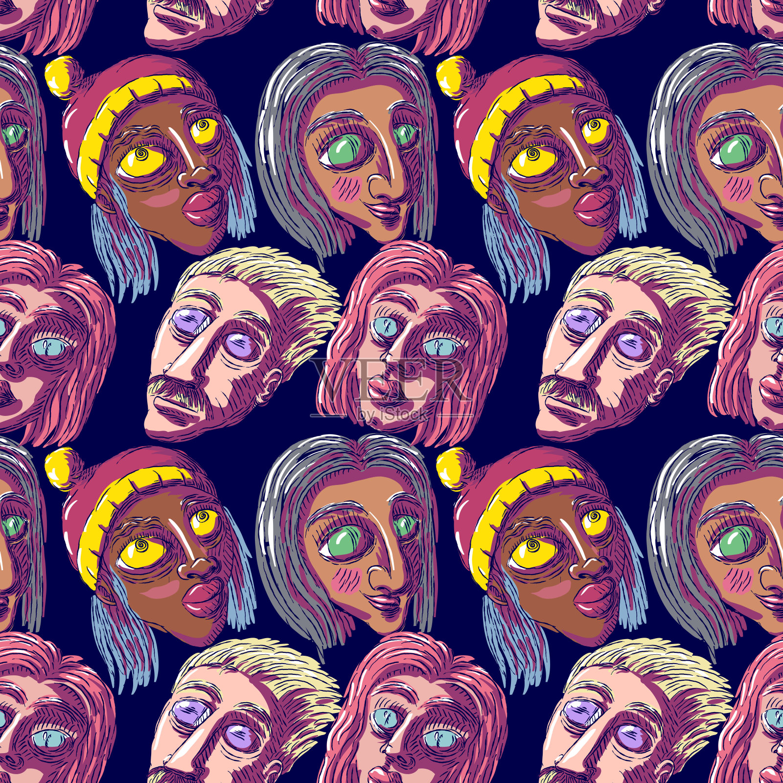 手绘矢量无缝涂鸦插图-人脸。插画图片素材