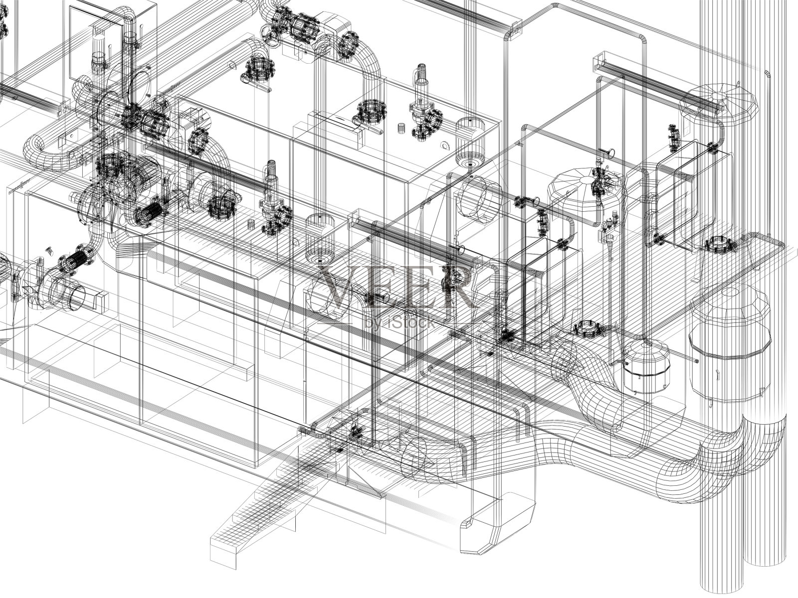 工厂内带管道的工业设备。3d渲染线框照片摄影图片
