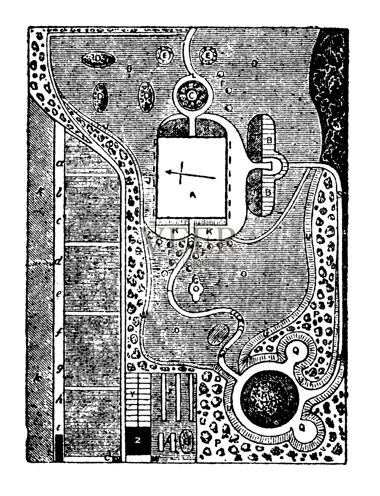 古董雕刻插图:花园平面图插画图片素材