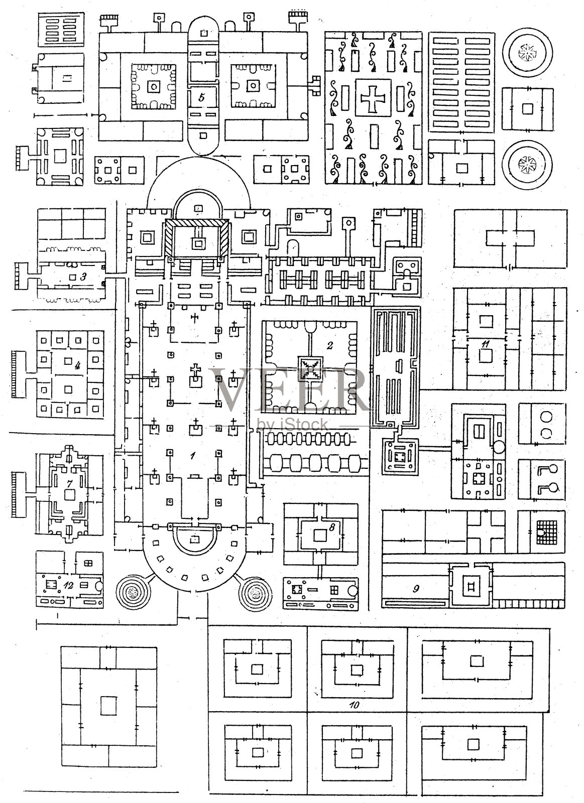 古色古香的雕刻插图,文明:圣加尔修道院平面图插画图片素材