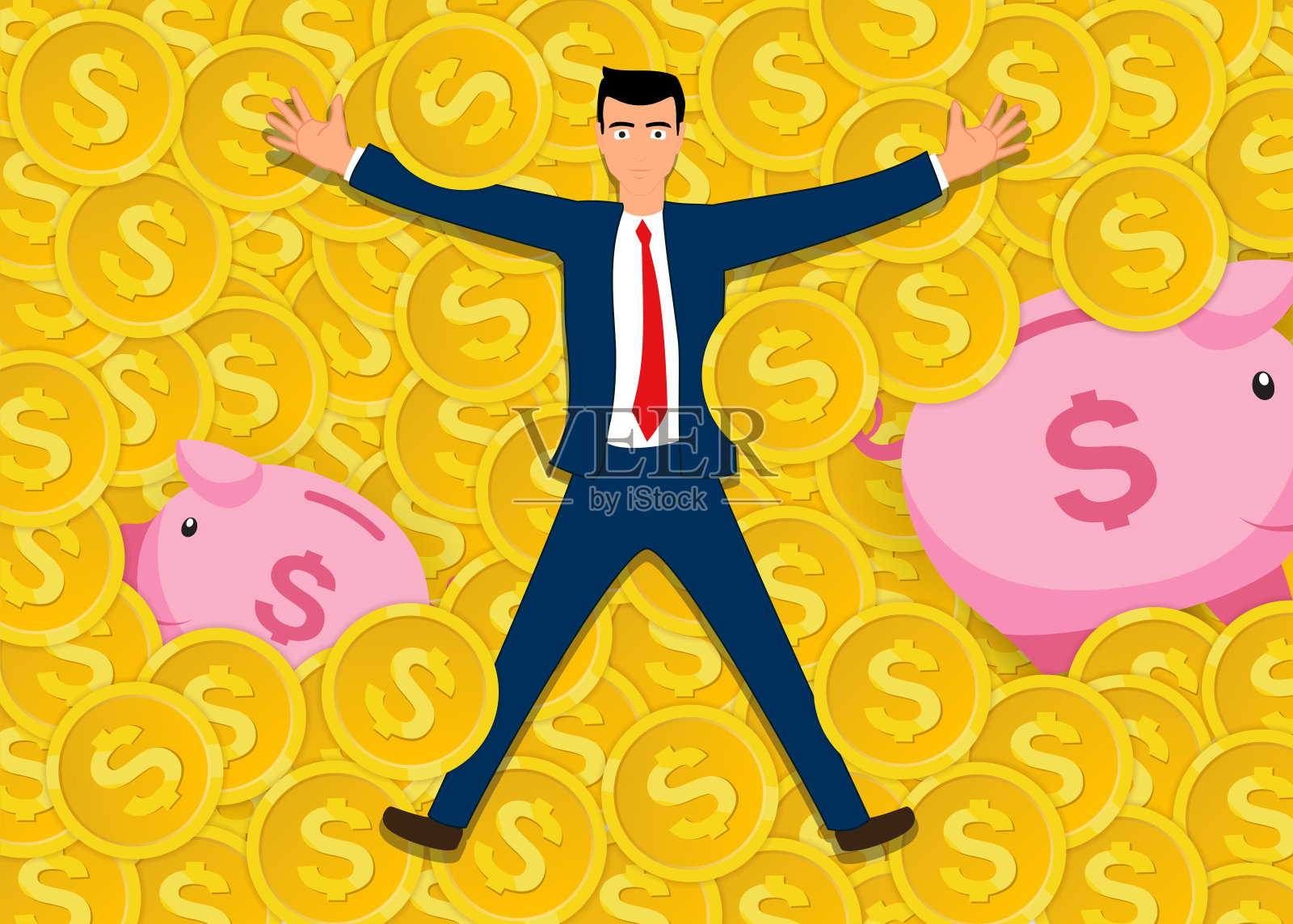 躺在硬币上的人。插画图片素材