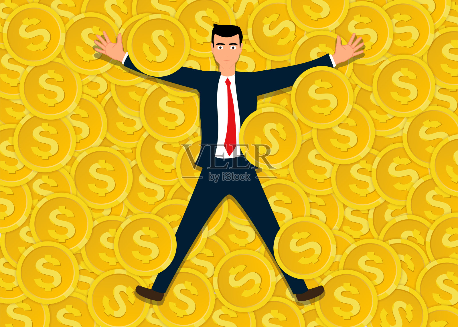 躺在硬币上的人。插画图片素材