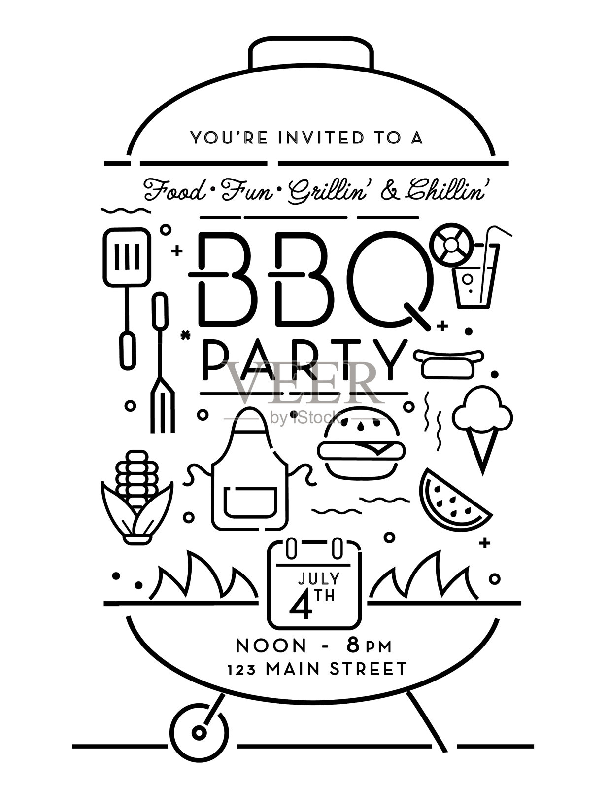 时尚和风格的图标在烧烤派对邀请设计模板夏季烧烤和庆祝活动插画图片素材