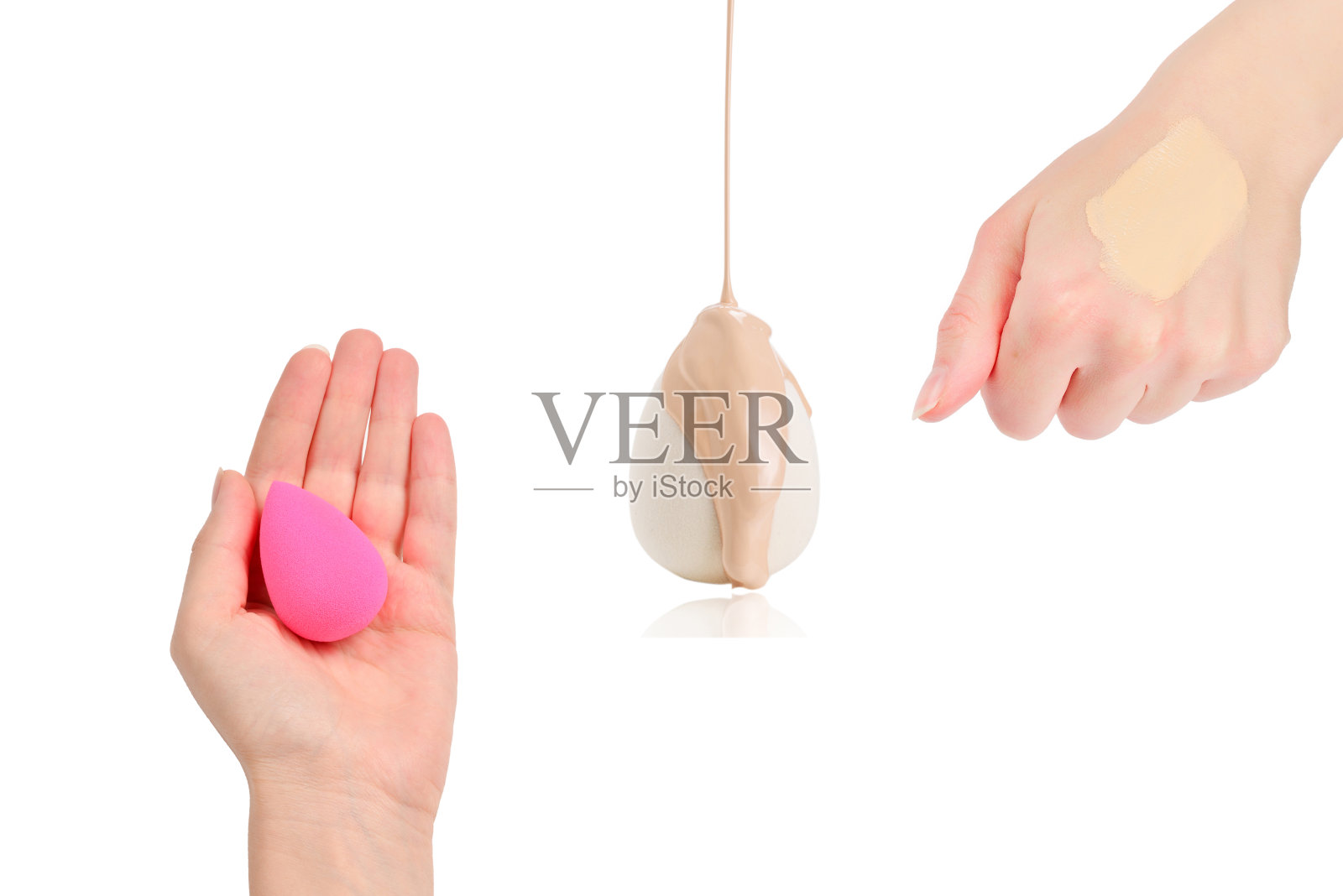 将粉底取样在手上隔离在白色上。照片摄影图片