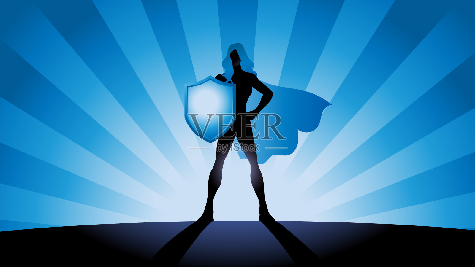 矢量女性超级英雄剪影与盾牌股票插图插画图片素材