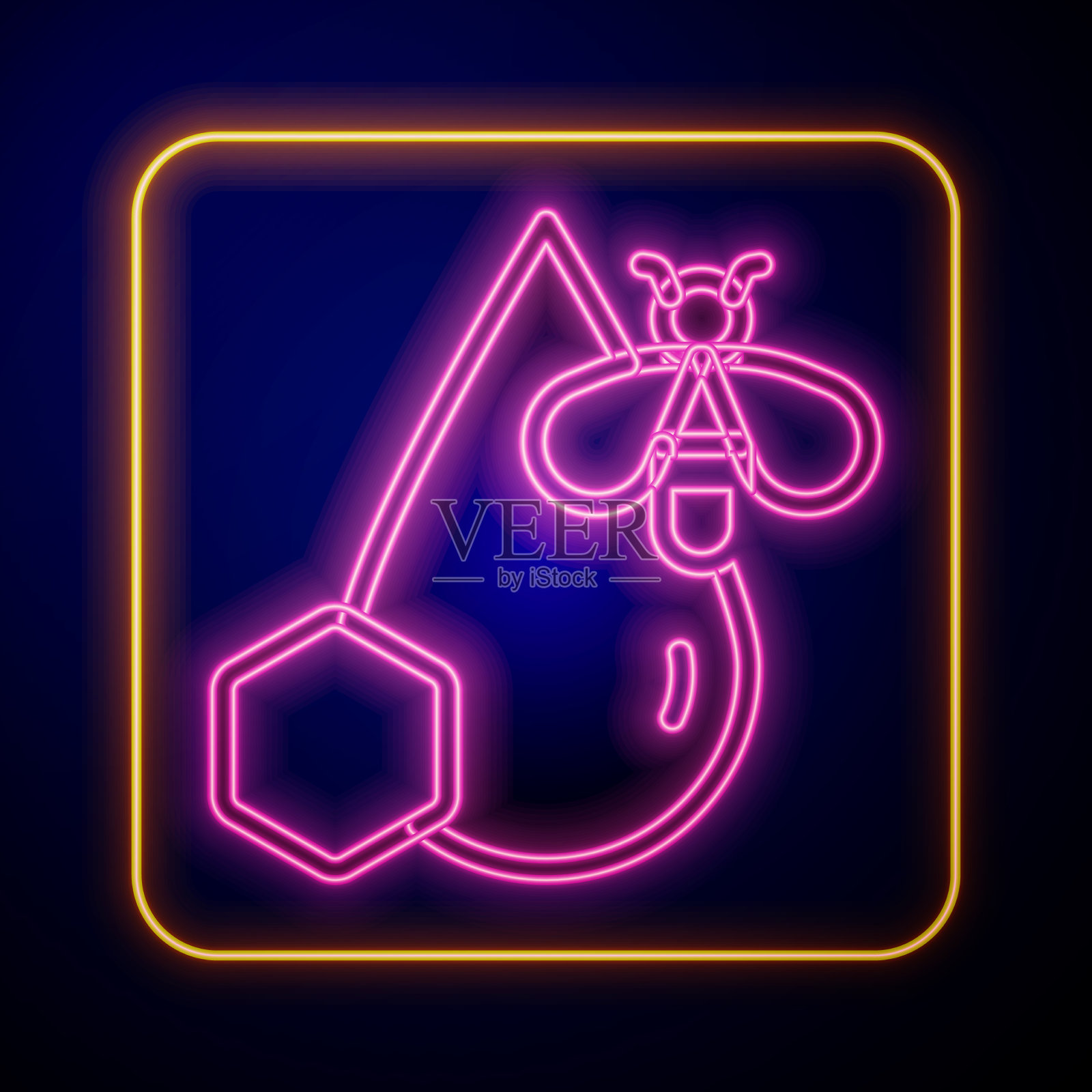 发光的霓虹灯蜜蜂和蜂巢图标隔离插画图片素材