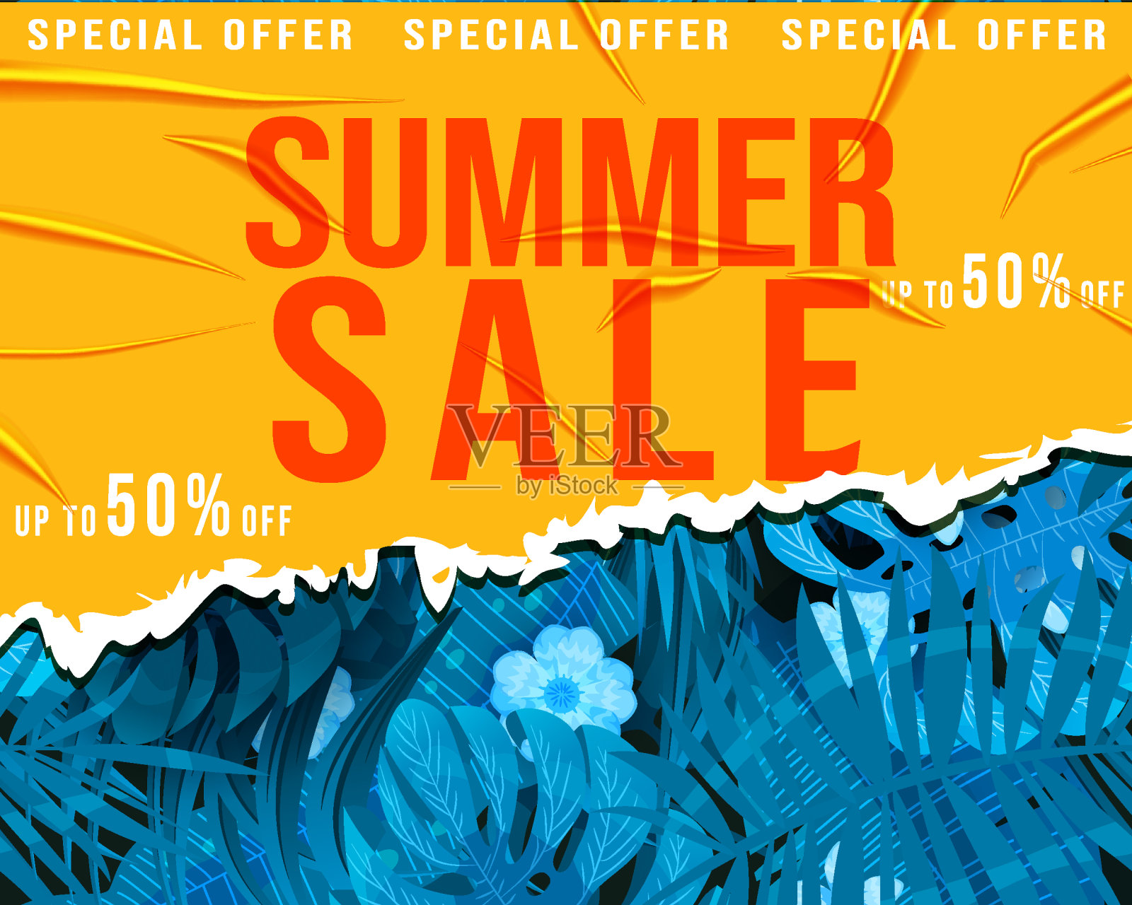 夏季销售模板横幅。有皱纹的黄色贴纸插画图片素材