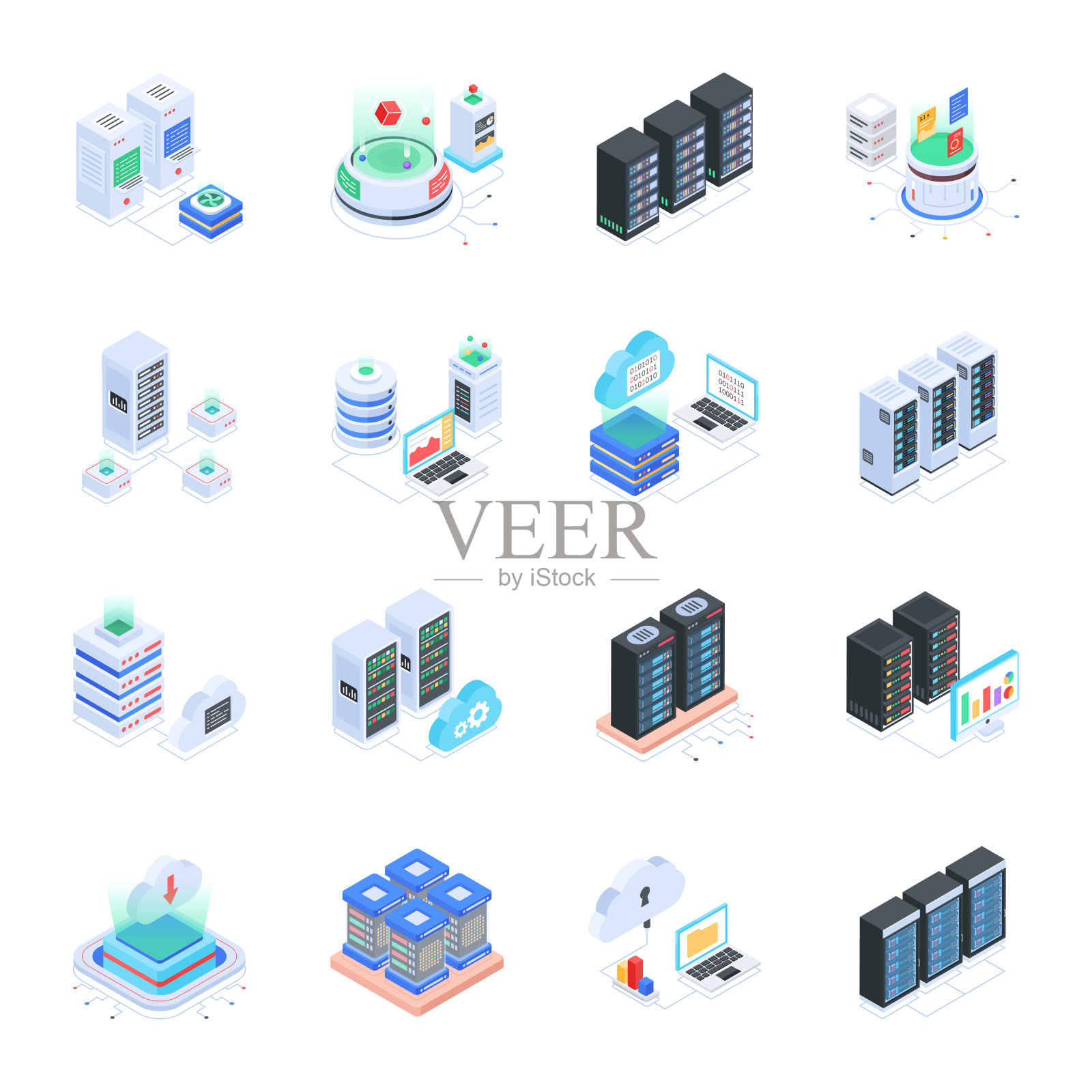 时髦的数据存储等距图标集插画图片素材