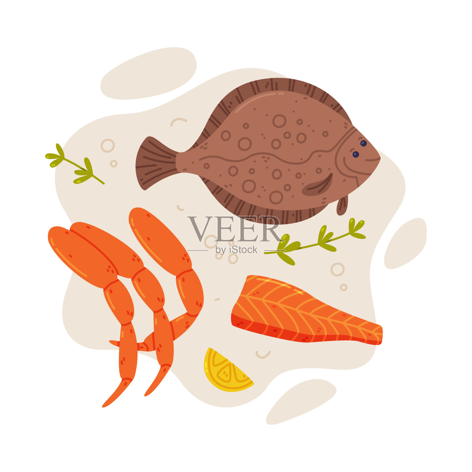 美味的海鲜和新鲜的海产品矢量组成插画图片素材