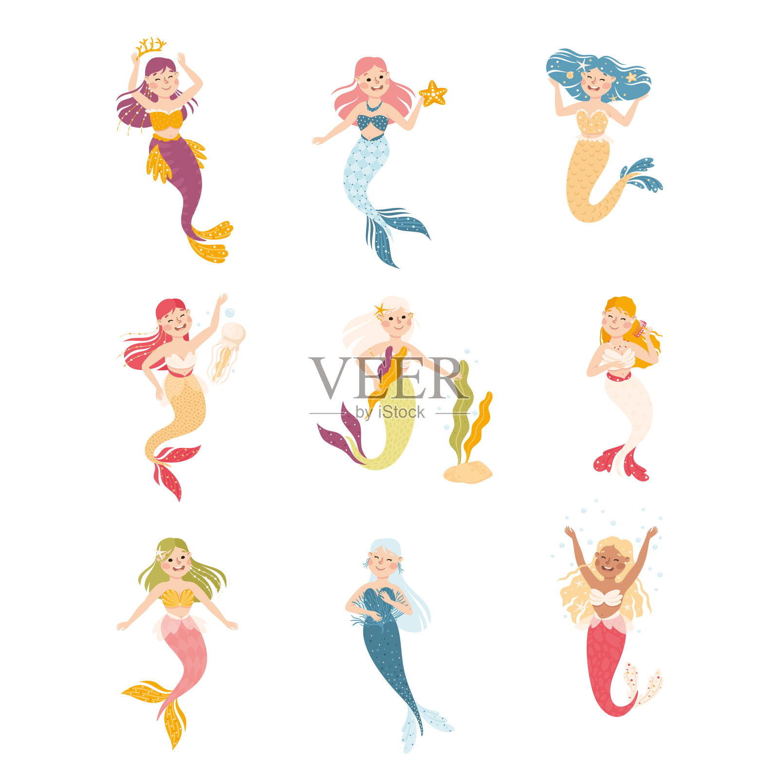 美人鱼与波浪的头发浮动水下矢量集插画图片素材