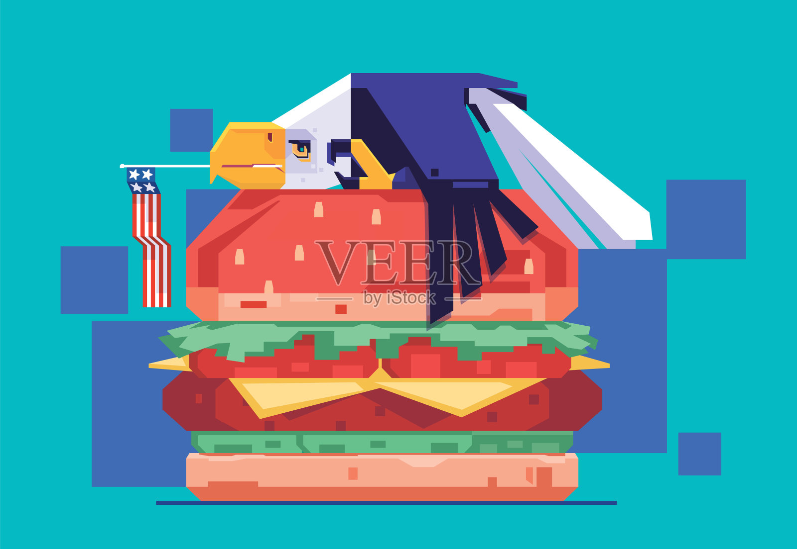 疲惫的秃鹰躺在大汉堡上插画图片素材