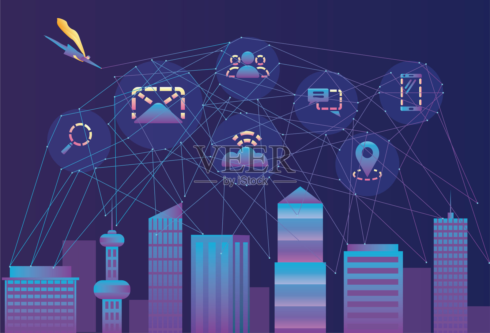 超人在城市上空建立了一个网络插画图片素材