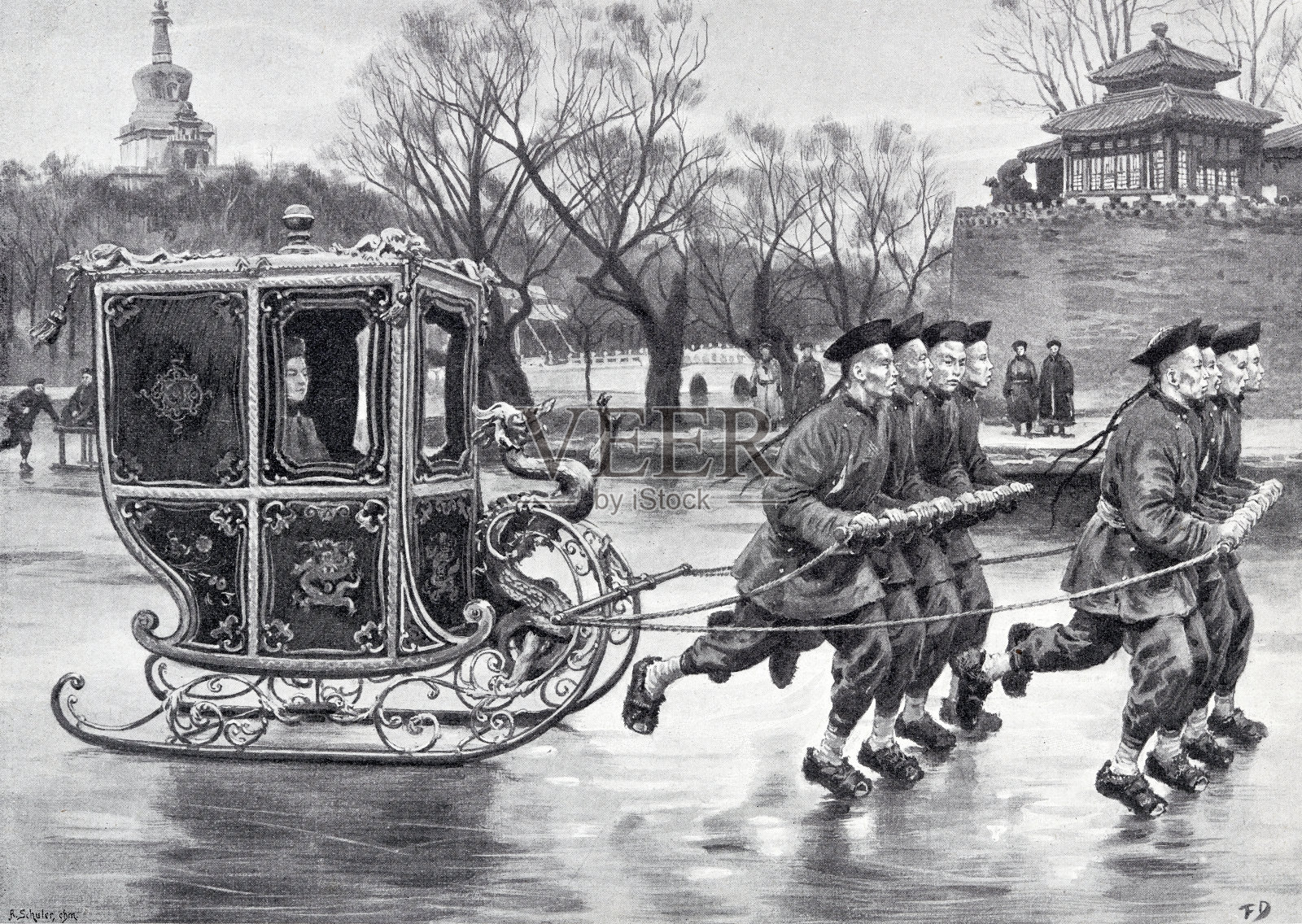 中国皇帝在北京皇宫的湖上的雪橇插画图片素材