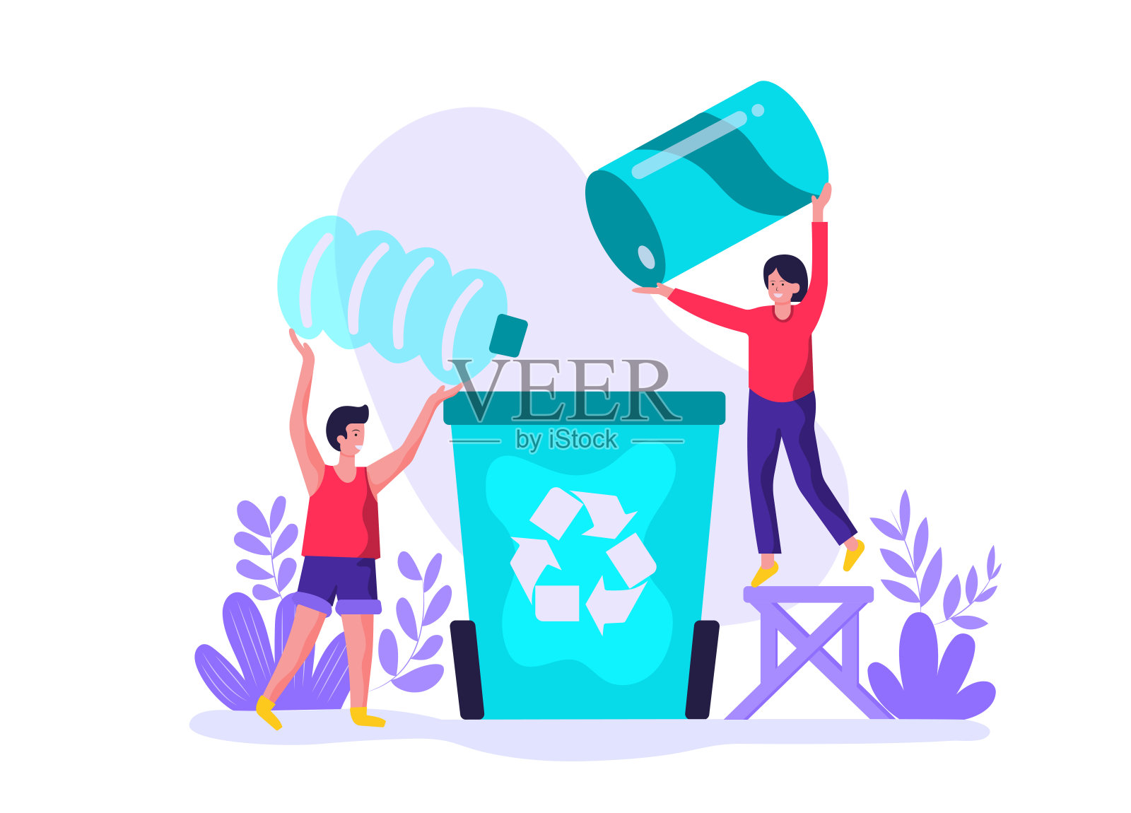 志愿者帮忙把垃圾扔进垃圾桶插画图片素材