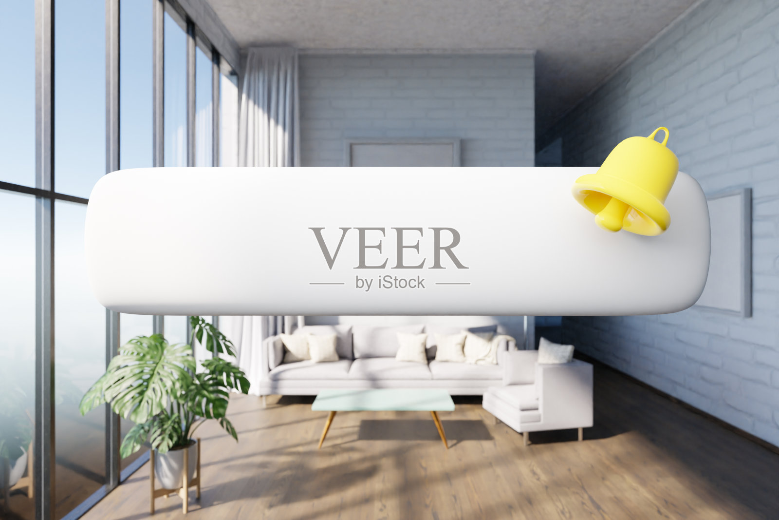 搜索框与文本漂浮在空气中豪华阁楼公寓的窗户;简约的室内客厅设计;三维演示照片摄影图片