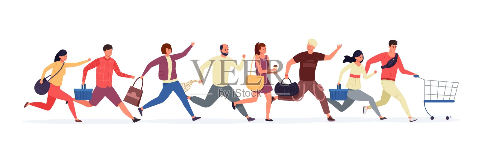 购物的人。带购物车、篮子、购物袋的卡通人物。矢量图插画图片素材