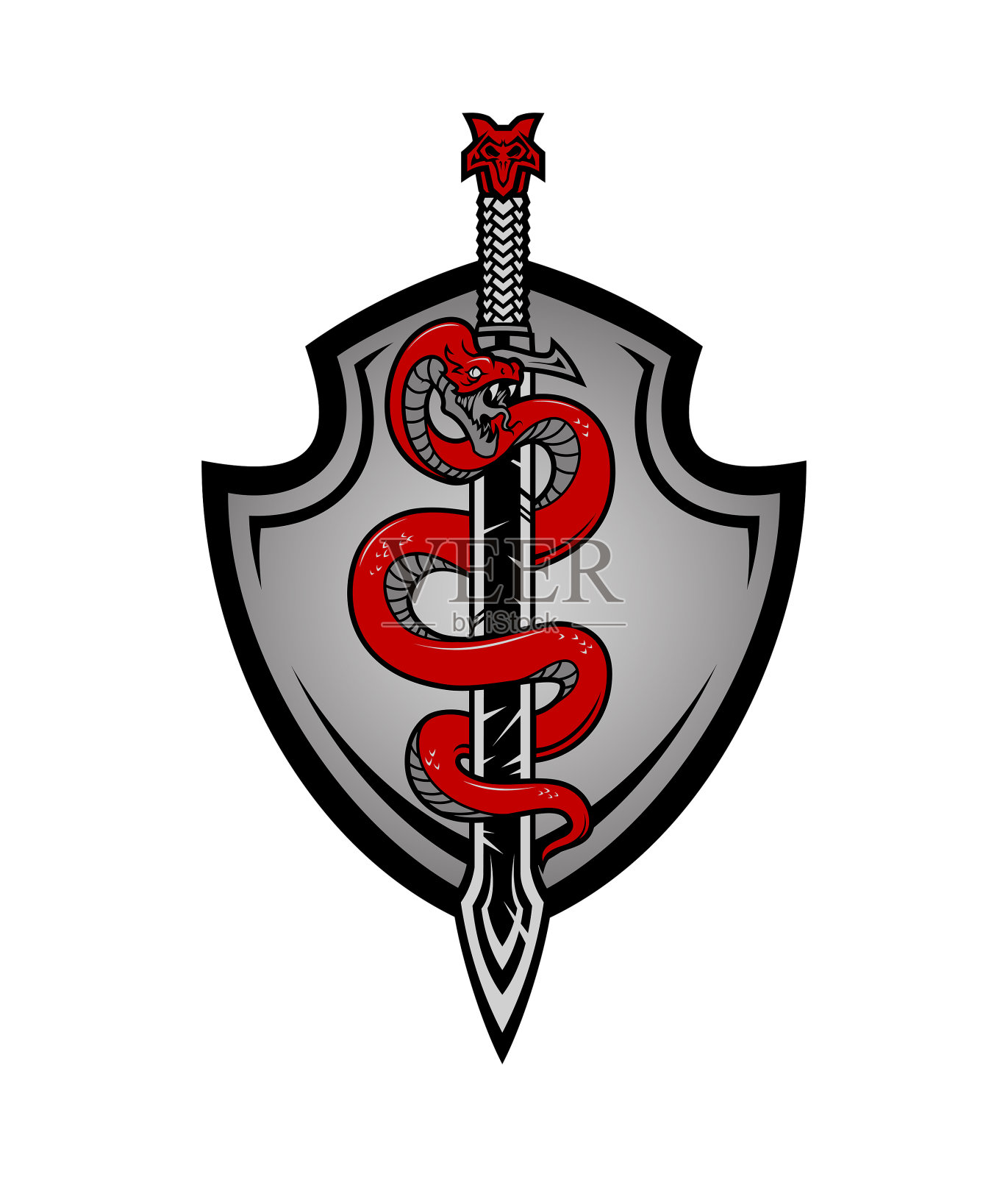 蛇和剑在盾上。蛇缠在匕首或剑上,背景是盾牌插画图片素材