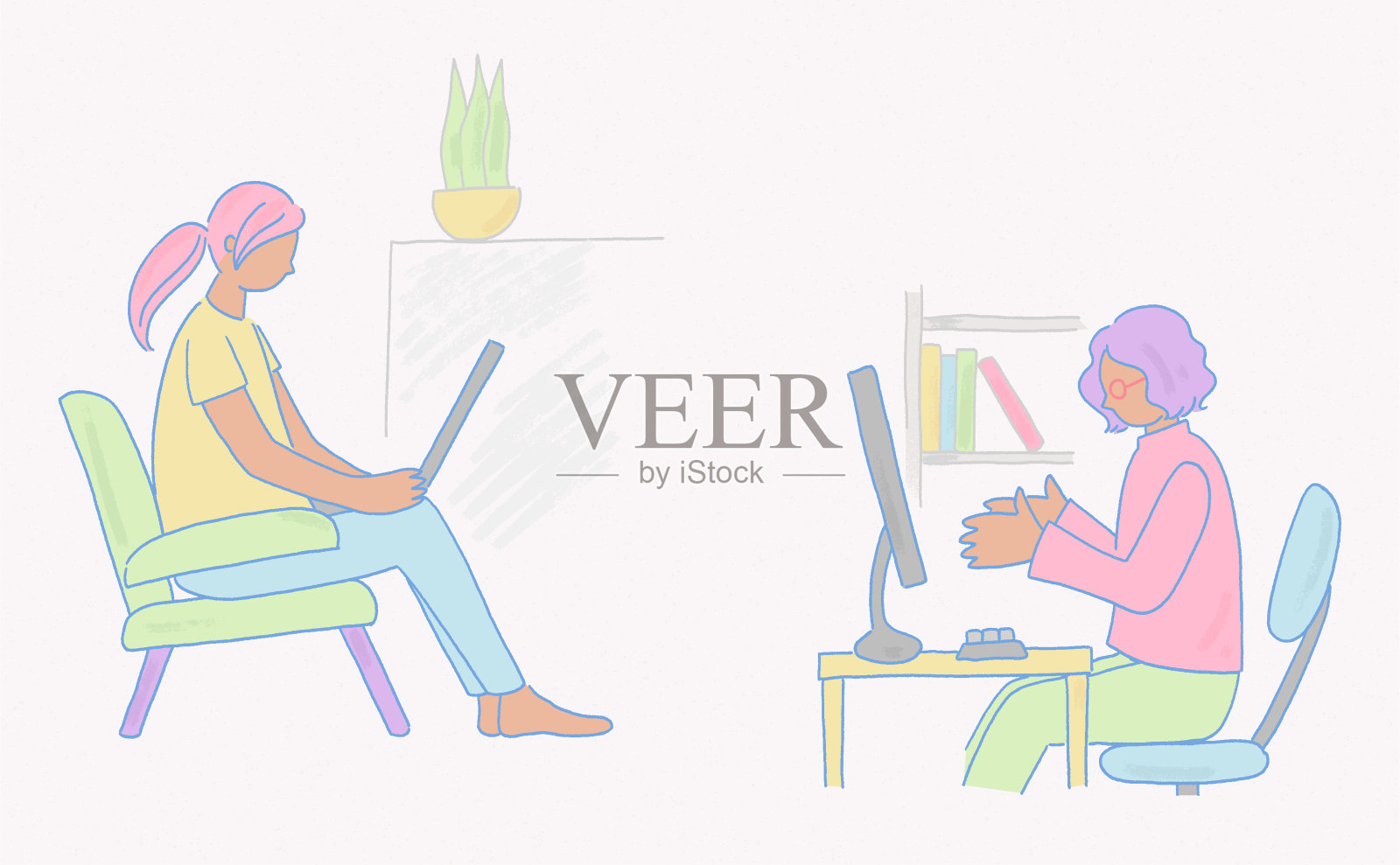 在家里用电脑工作插画图片素材