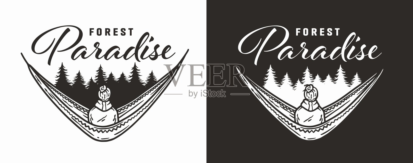 一个人坐在森林里的露营吊床上插画图片素材